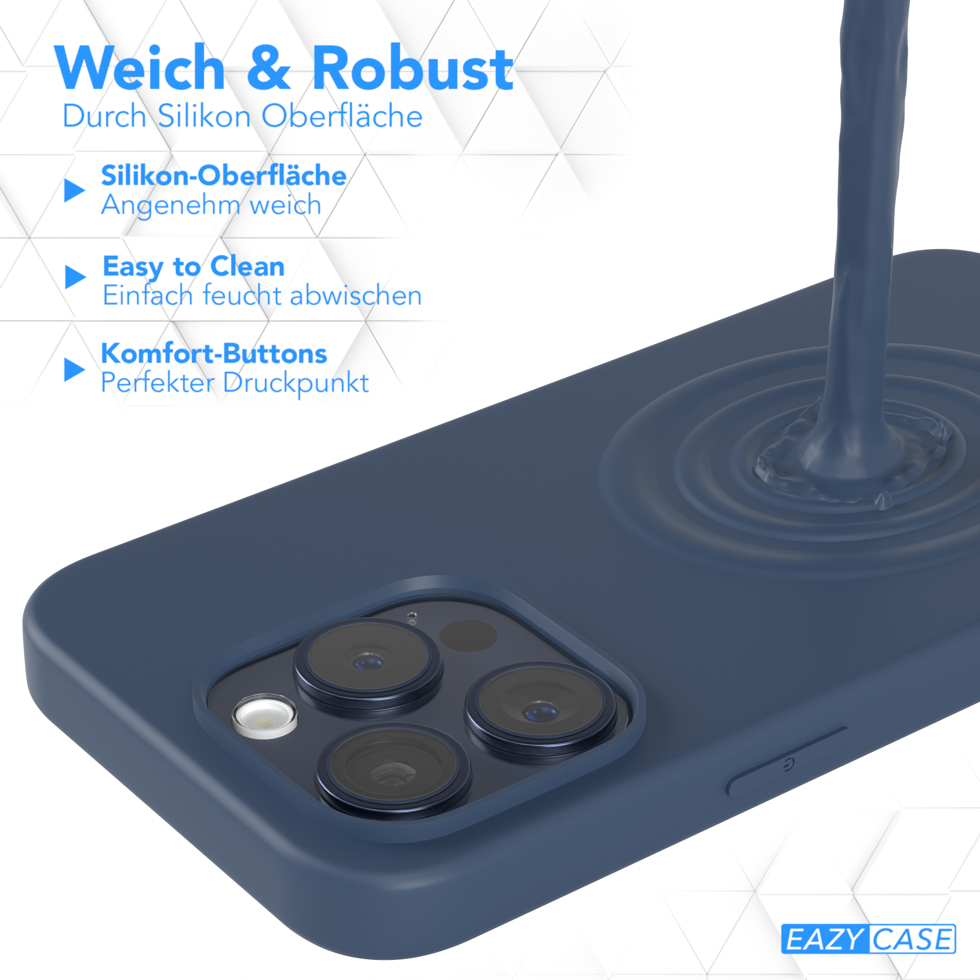 Blaue Handyhülle mit Telefon, kreisförmiges Design mit weißem Hintergrund.