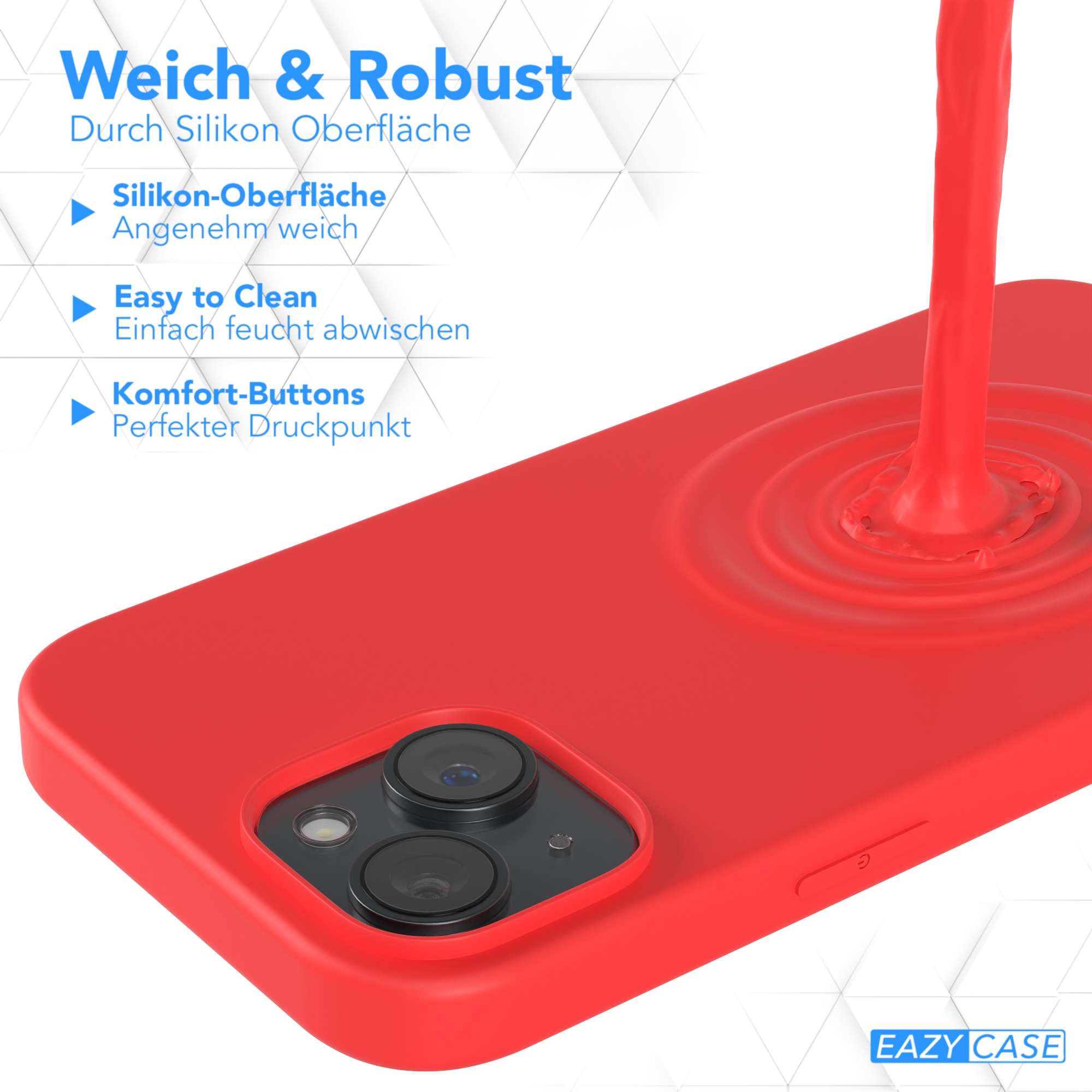 Rote Handyhülle mit roter Taste. Text: Weich & Robust. Silikonoberfläche. Leicht zu reinigen.