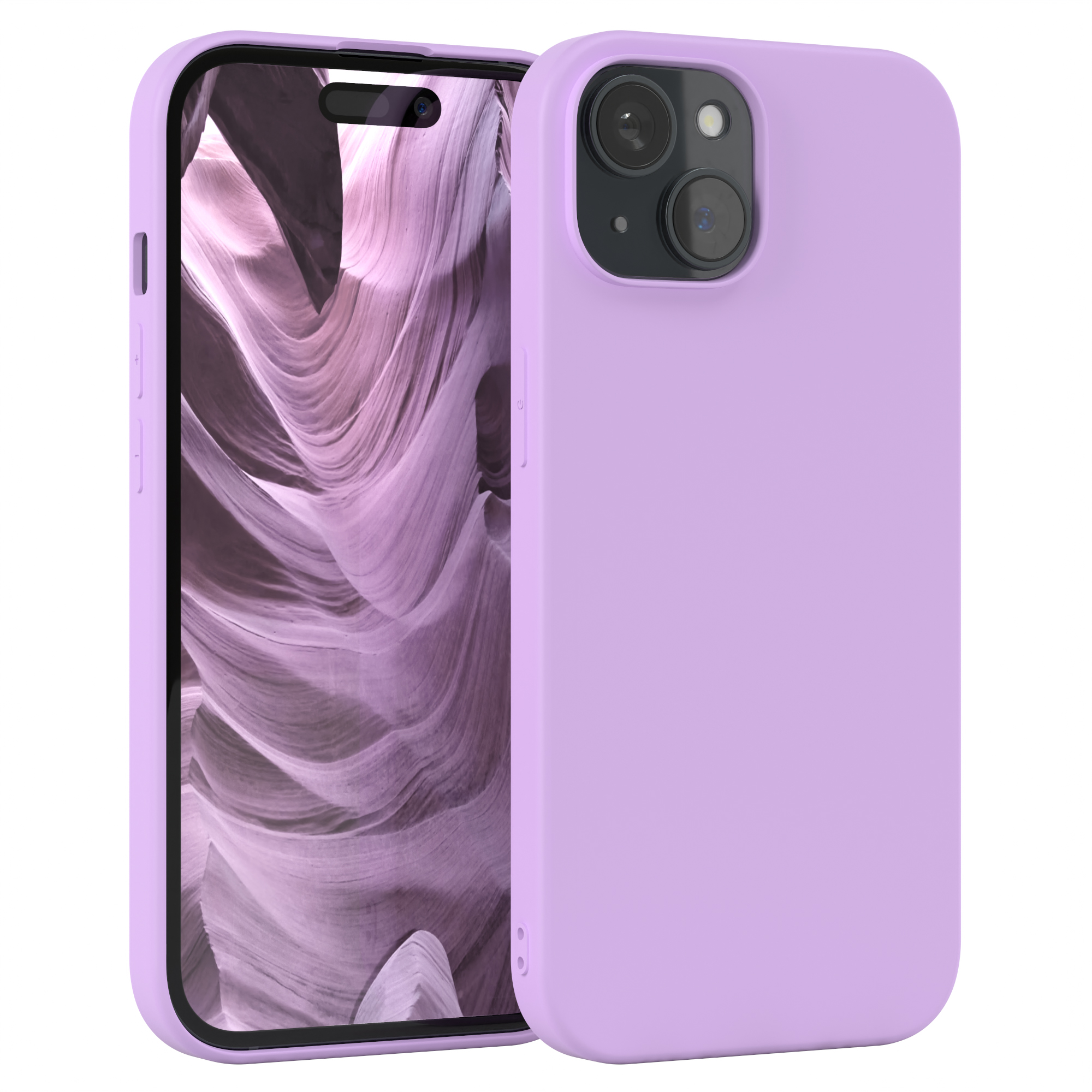 Ein lila Telefon in einer Hülle steht neben einem Telefon. Die Bildschirme zeigen eine lila Landschaft.