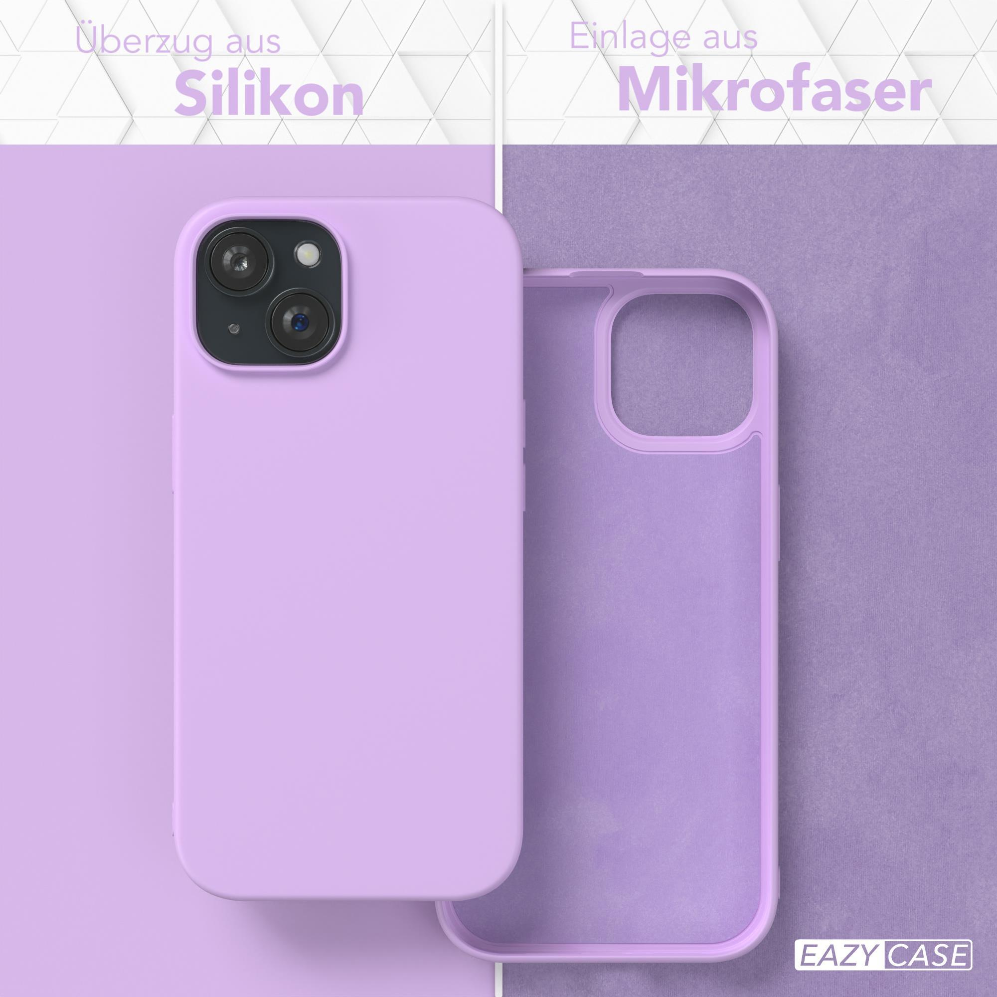 Lavendelfarbene Handyhülle mit Telefon darin. Text: Silikon-Überzug, Mikrofaser-Einlage.
