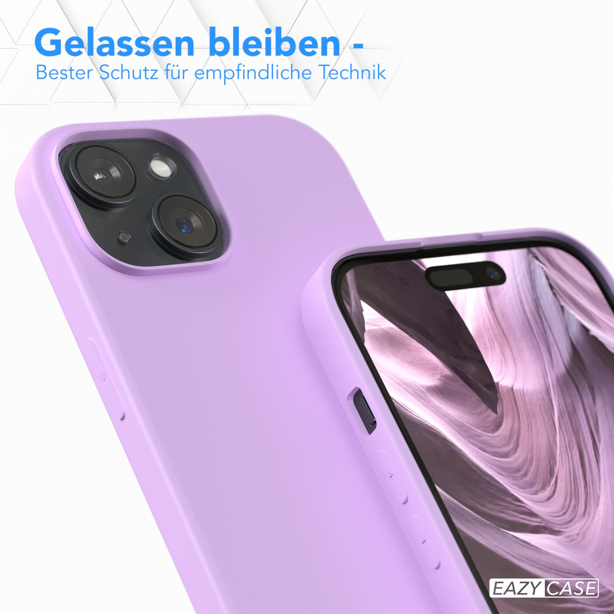 Eine lila Handyhülle und das Telefon, das sie bedeckt. Der Text lautet 'Gelassen bleiben', und 'EAZY CASE' steht unten.