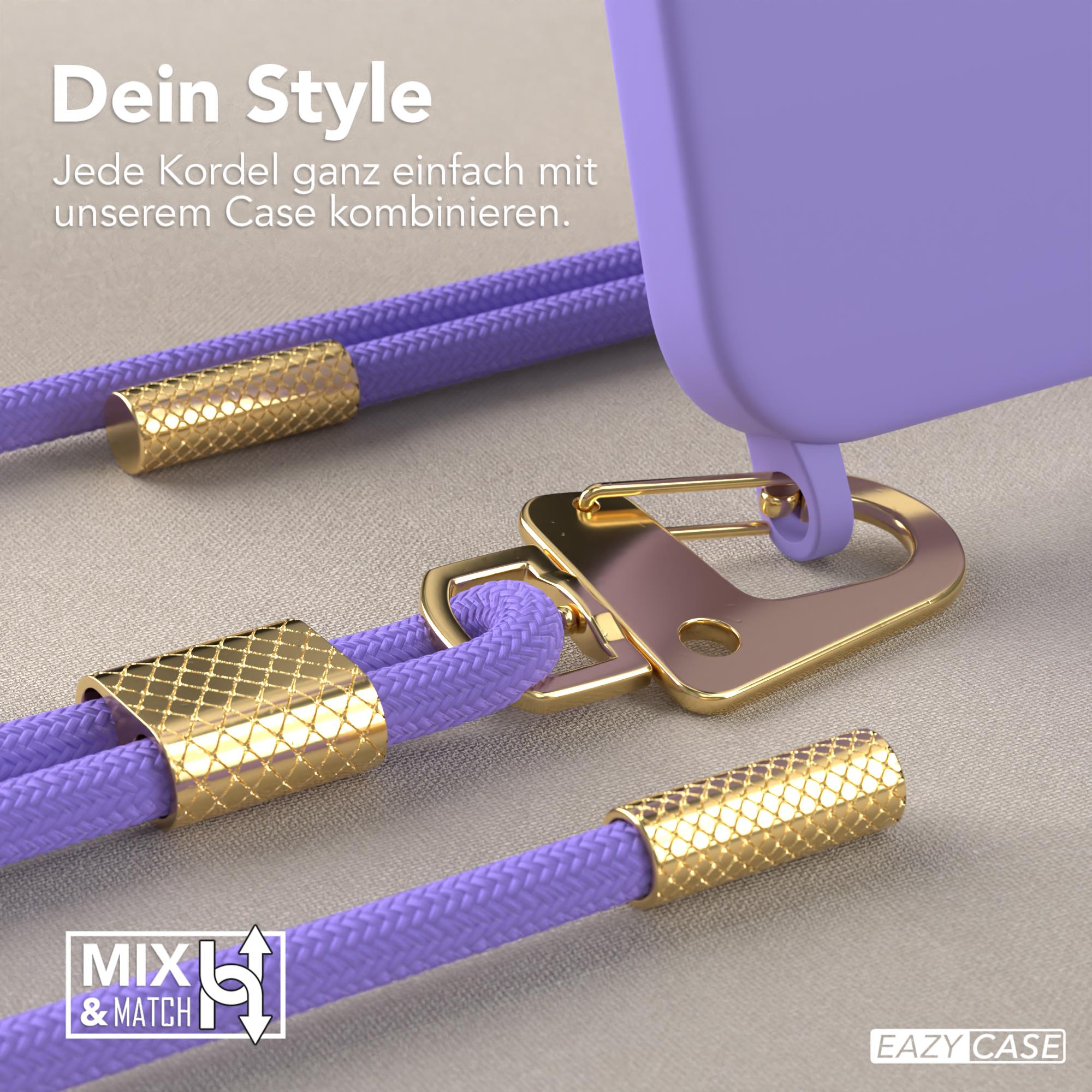 Lilafarbene Handyhülle mit goldenen Seilen, Nahaufnahme, zeigt Stil und Details.