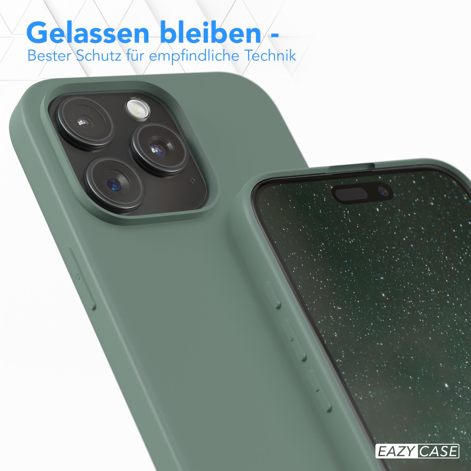 Nahaufnahme einer grünen Handyhülle und eines Telefons. Der Bildschirm ist sichtbar. Text oben.