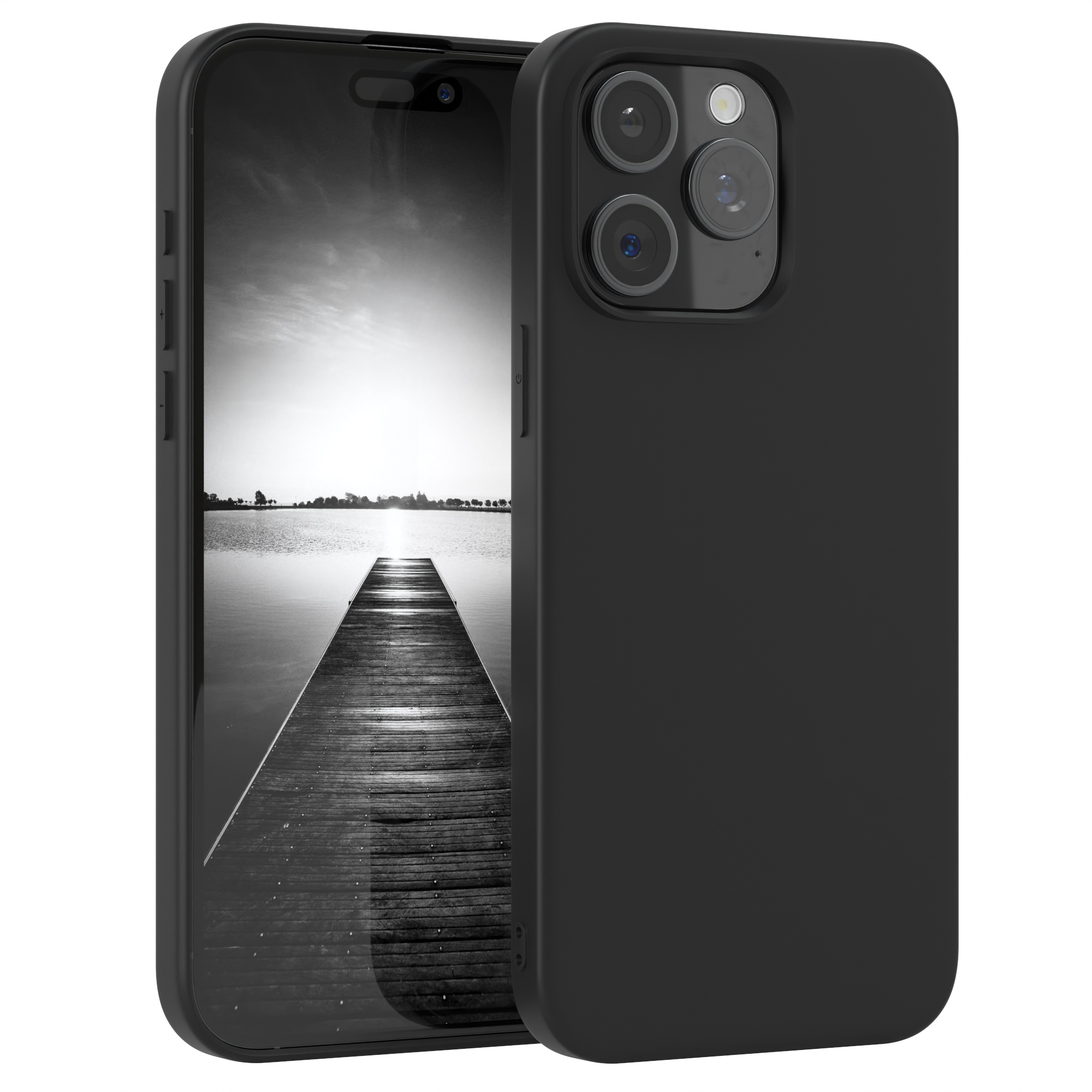 Schwarzes iPhone mit schwarzer Hülle, zeigt eine Seelandschaft auf dem Bildschirm.