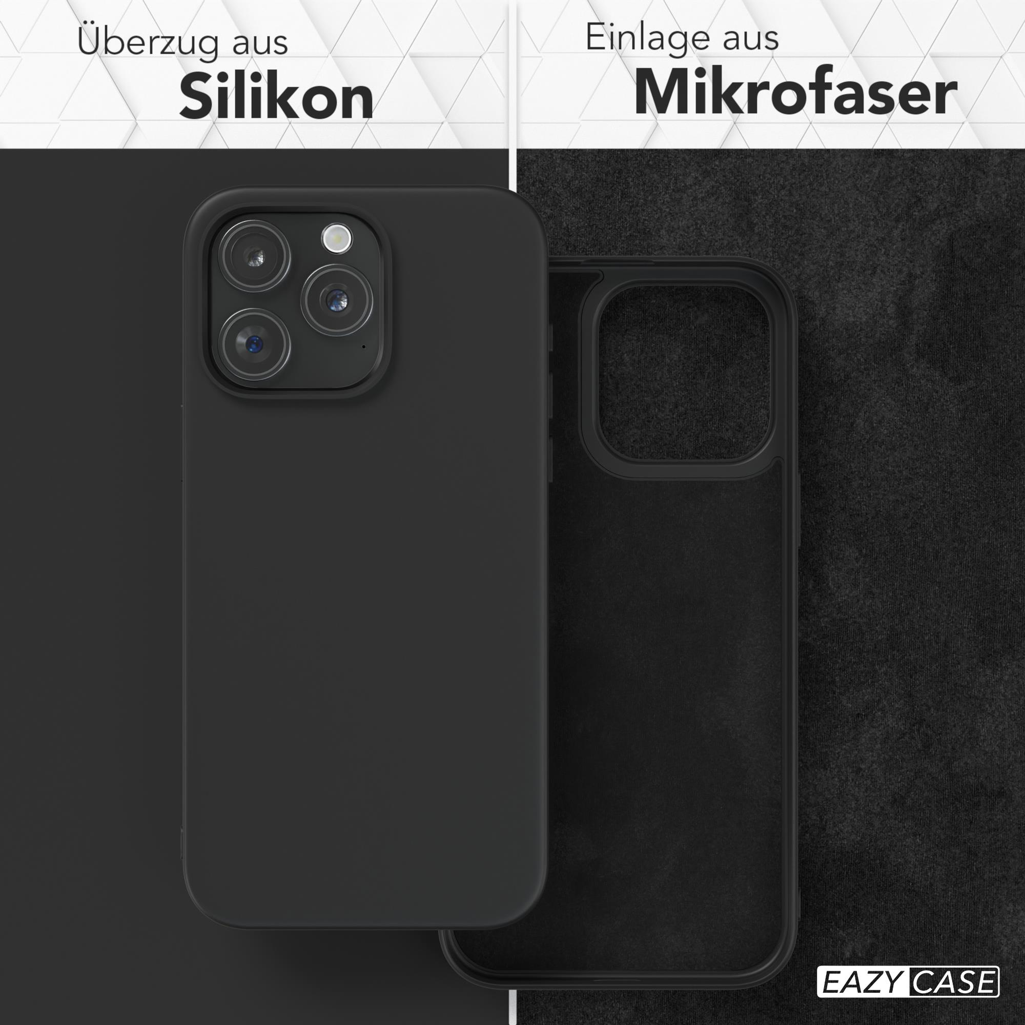 Schwarze Handyhülle und Mikrofaser-Einsatz, auf grauem und schwarzem Hintergrund. Text auf Deutsch.