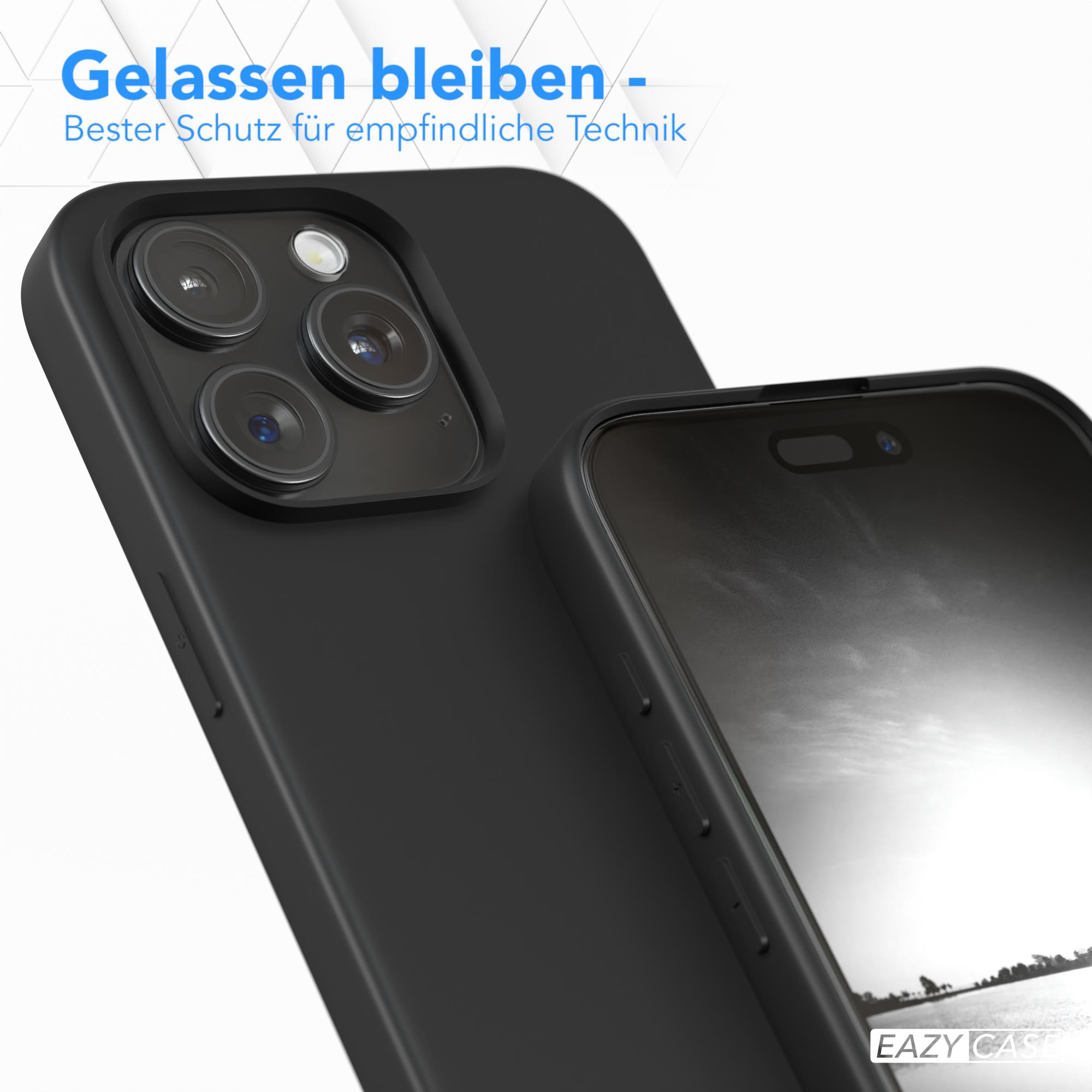Schwarze Handyhülle mit Kameras, Nahaufnahme. Text oben. EAZY CASE-Logo unten rechts.