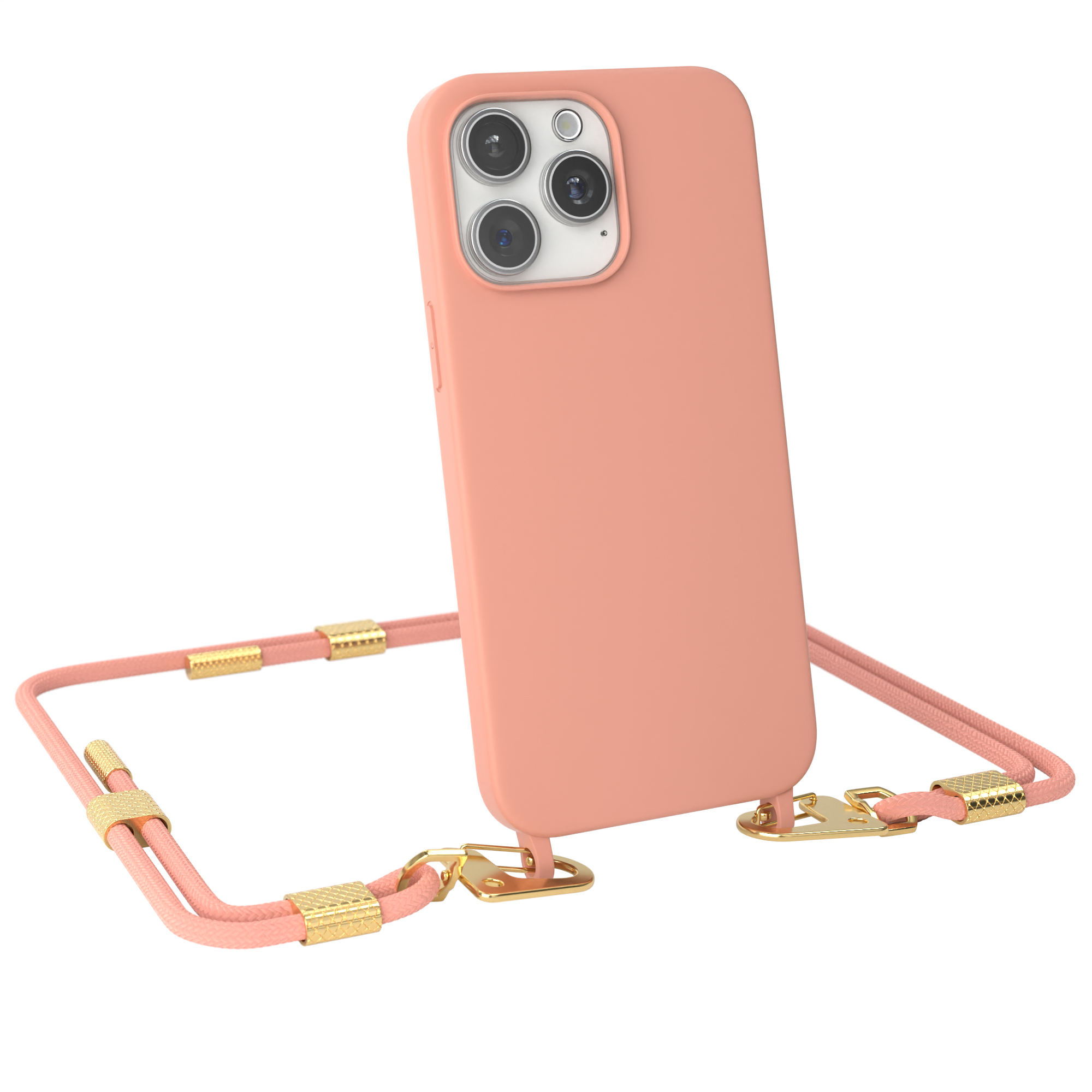 Eine rosa Handyhülle mit rosa Kordel. Das Telefon befindet sich auf der linken Seite des Bildes.