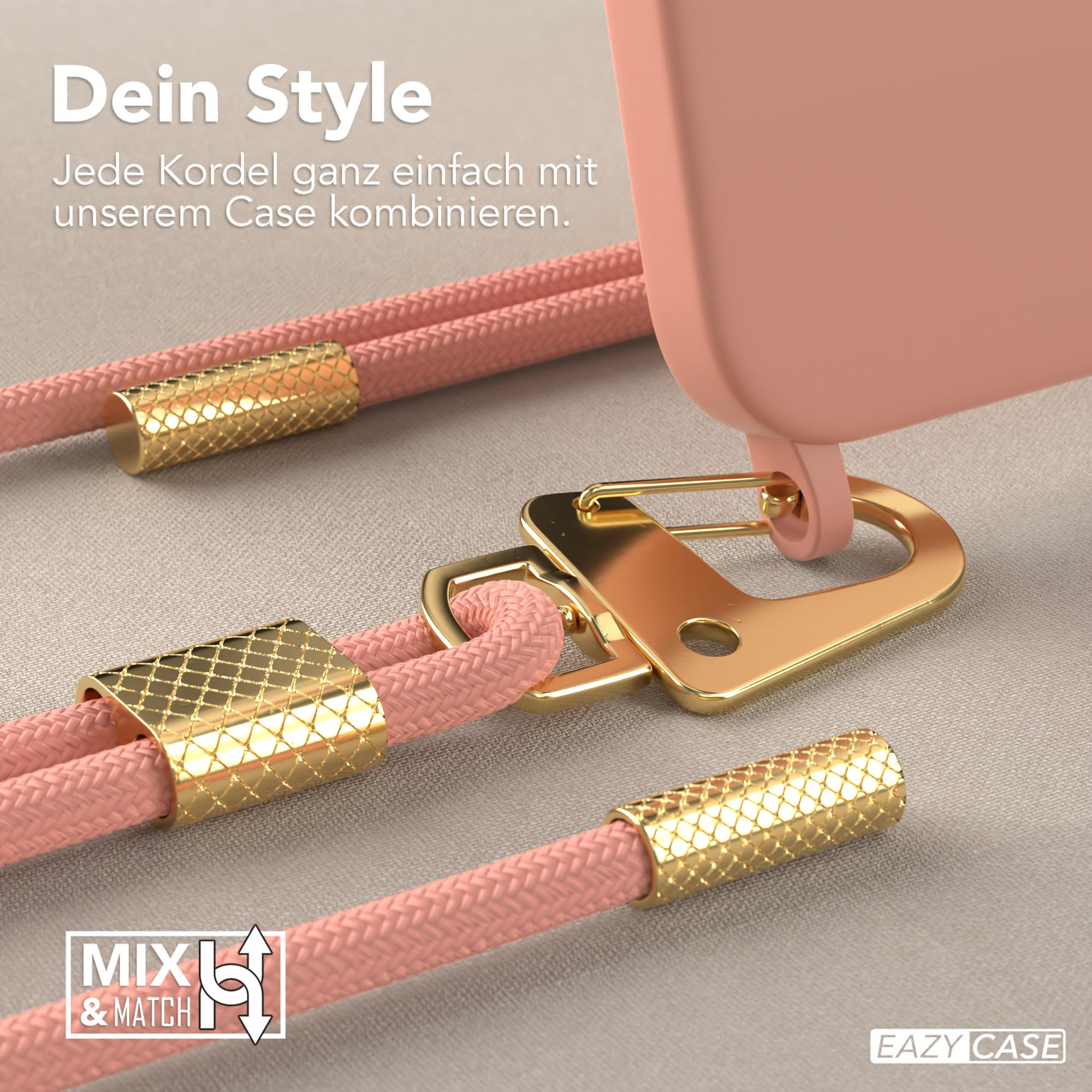 Nahaufnahme einer Handyhülle mit goldenen Details und rosa Kordel, Eazy Case Logo.