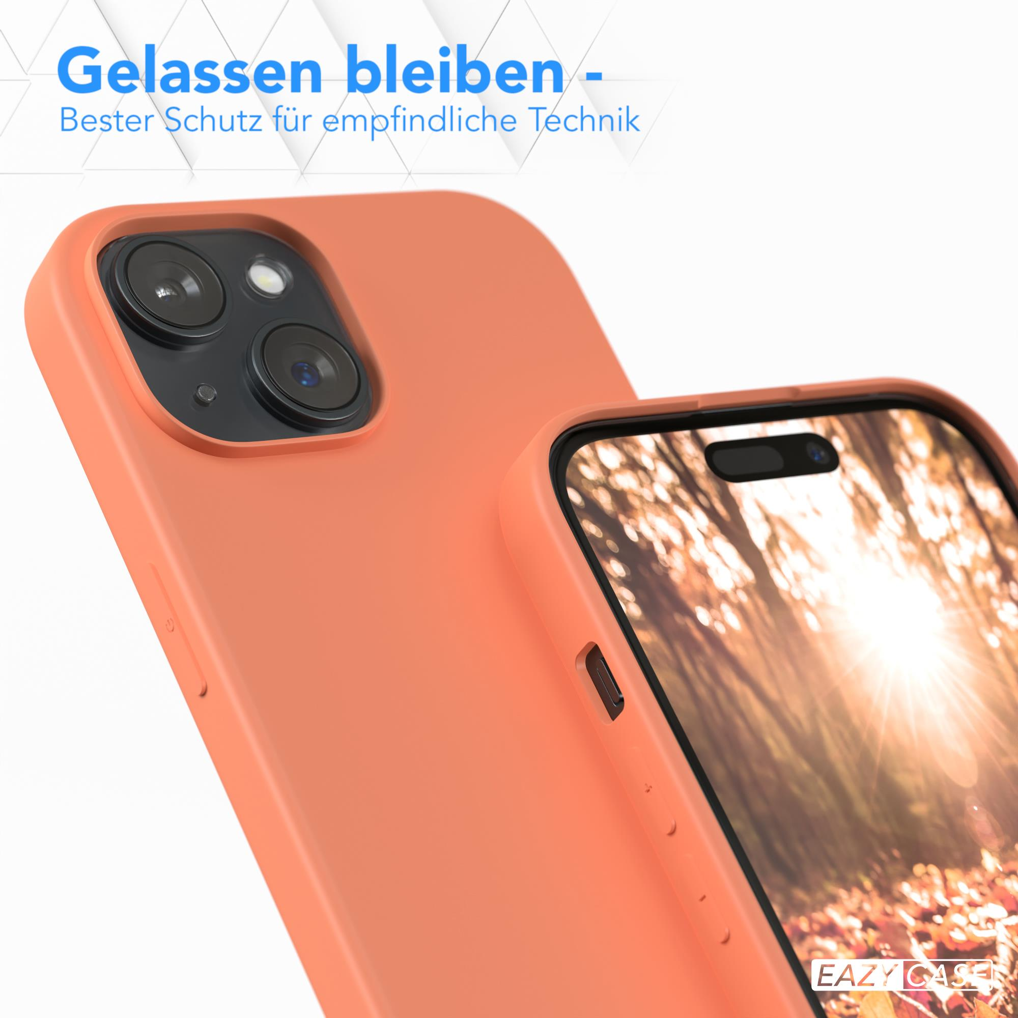 Nahaufnahme einer Handyhülle auf einem Telefon. Die Hülle ist orange und das Telefon dunkel.