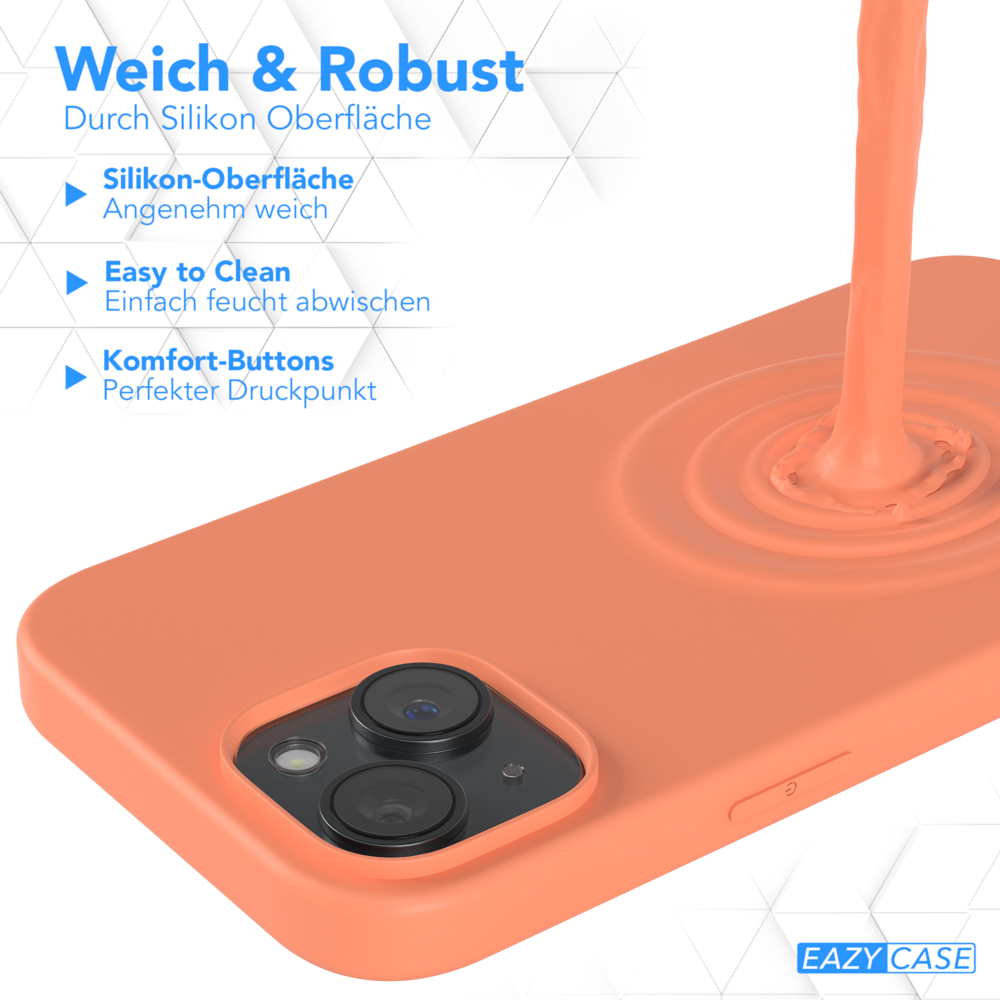 Orangefarbene Handyhülle mit Telefon und Knöpfen. Text: Weich & Robust.