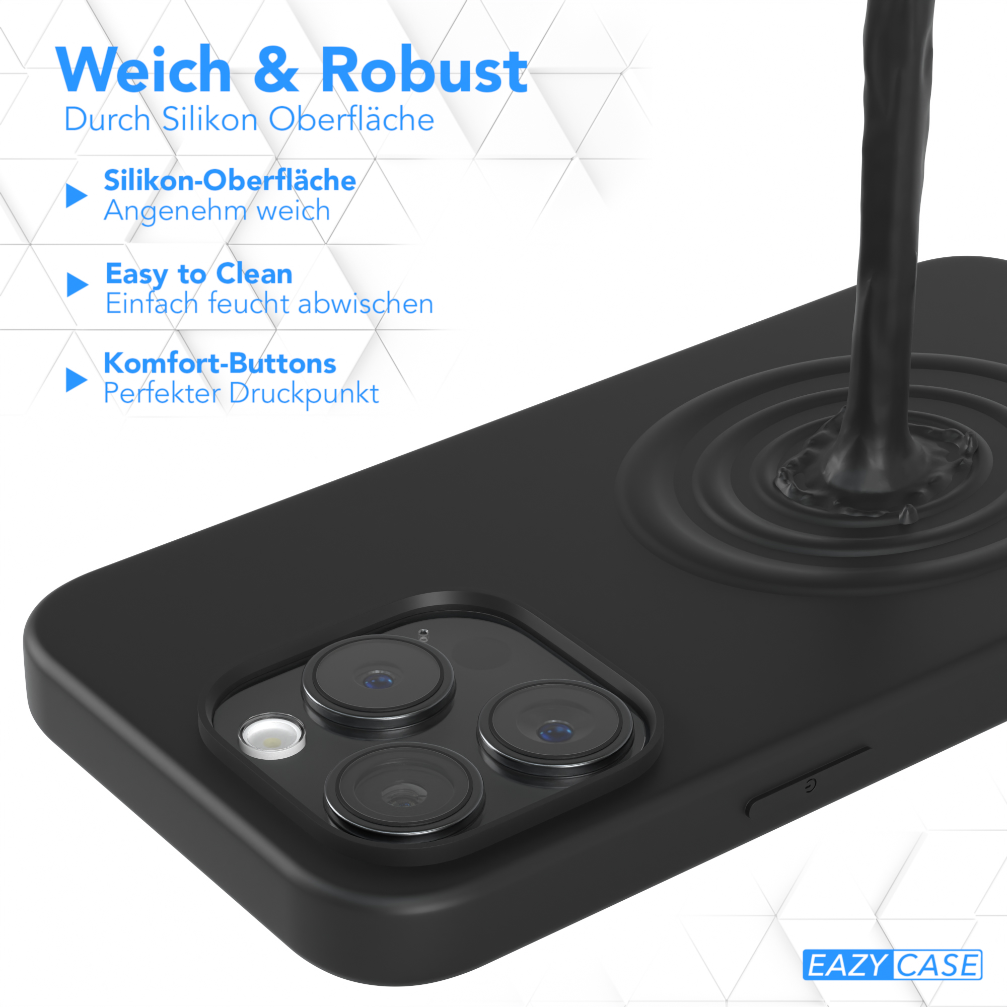 Schwarze Handyhülle mit Wassertropfendesign. Weißer Hintergrund. Nahaufnahme der Hülle.