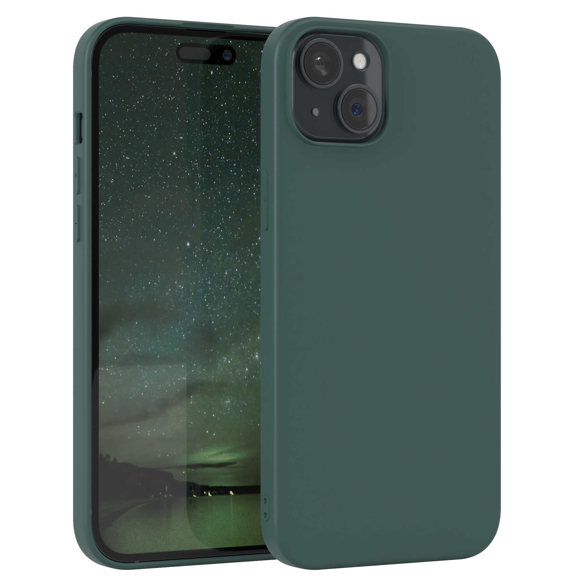 Ein grünes Telefon mit einer dunkelgrünen Hülle. Das Telefon zeigt ein verschwommenes Bild einer Sternennacht.