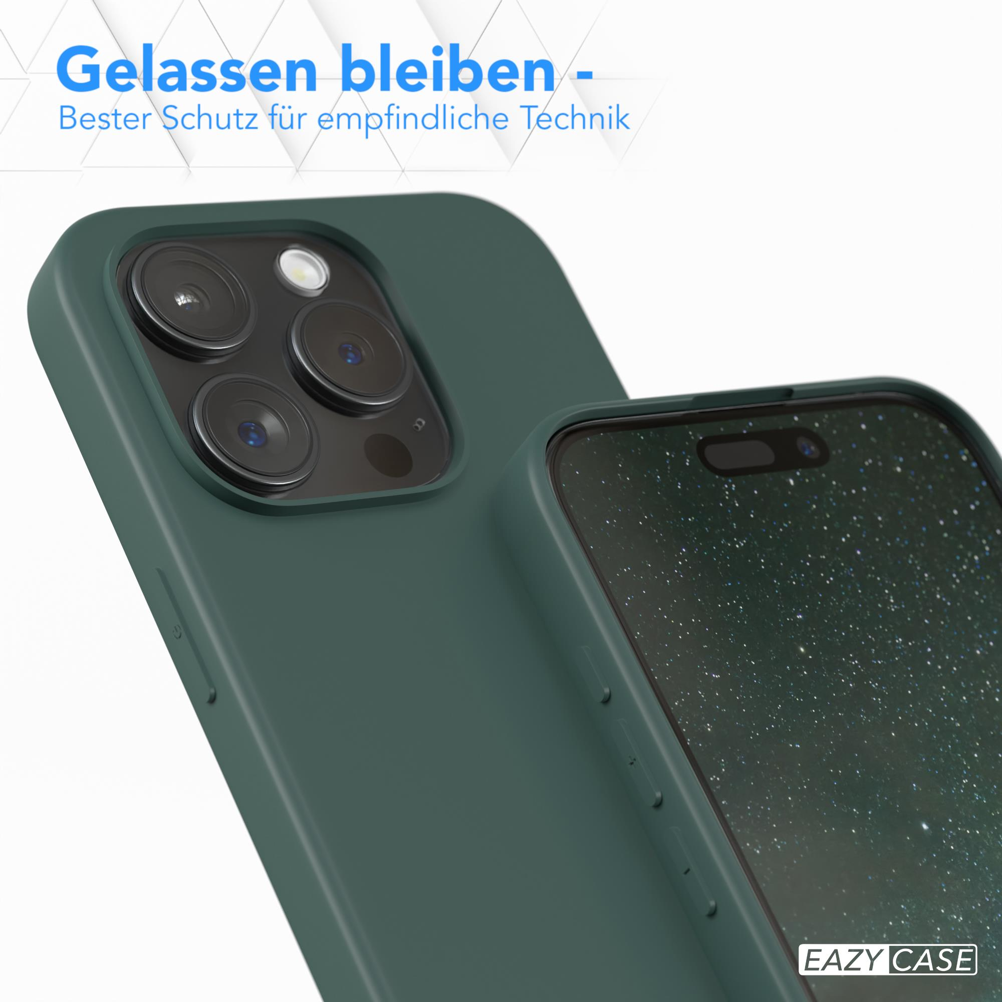 Grüne Handyhülle mit einem Telefon mit schwarzem Bildschirm und Text: Gelassen bleiben.