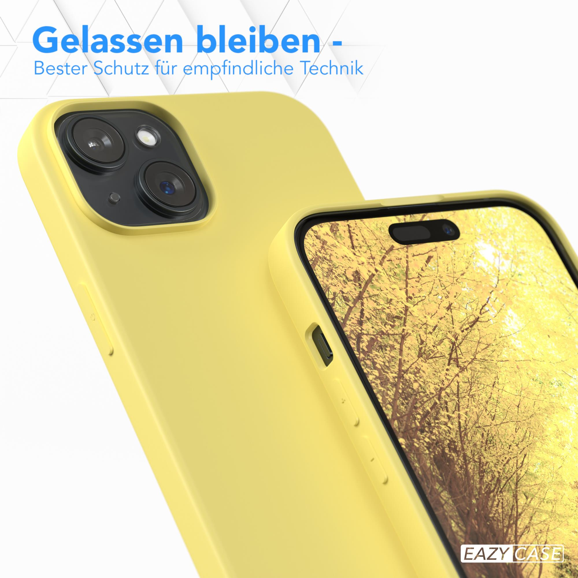Gelbe Handyhülle mit iPhone, Nahaufnahme, zeigt Telefon- und Bildschirmdetails.