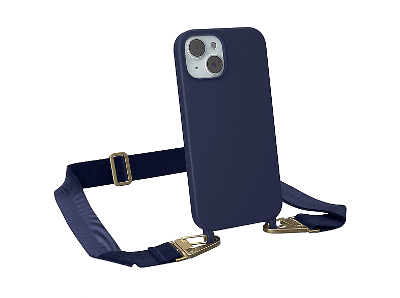 EAZY CASE Handy Kette Breit mit Karabiner Premium Silikon Hülle, Umhängetasche, Apple, iPhone 15, Dunkel Blau / Gold