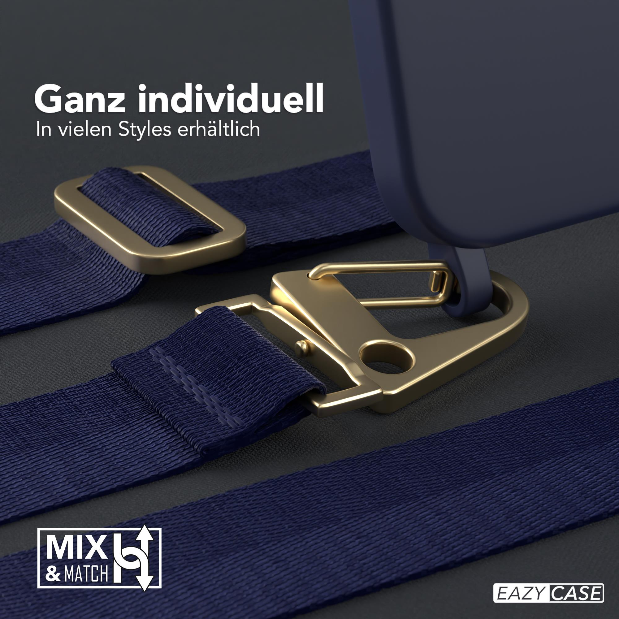 Marineblaue Handyhülle mit goldenen Details. Zeigt einen Riemen mit goldenen Verschlüssen. Merkmale: Individueller Stil, Eazy Case Logo.