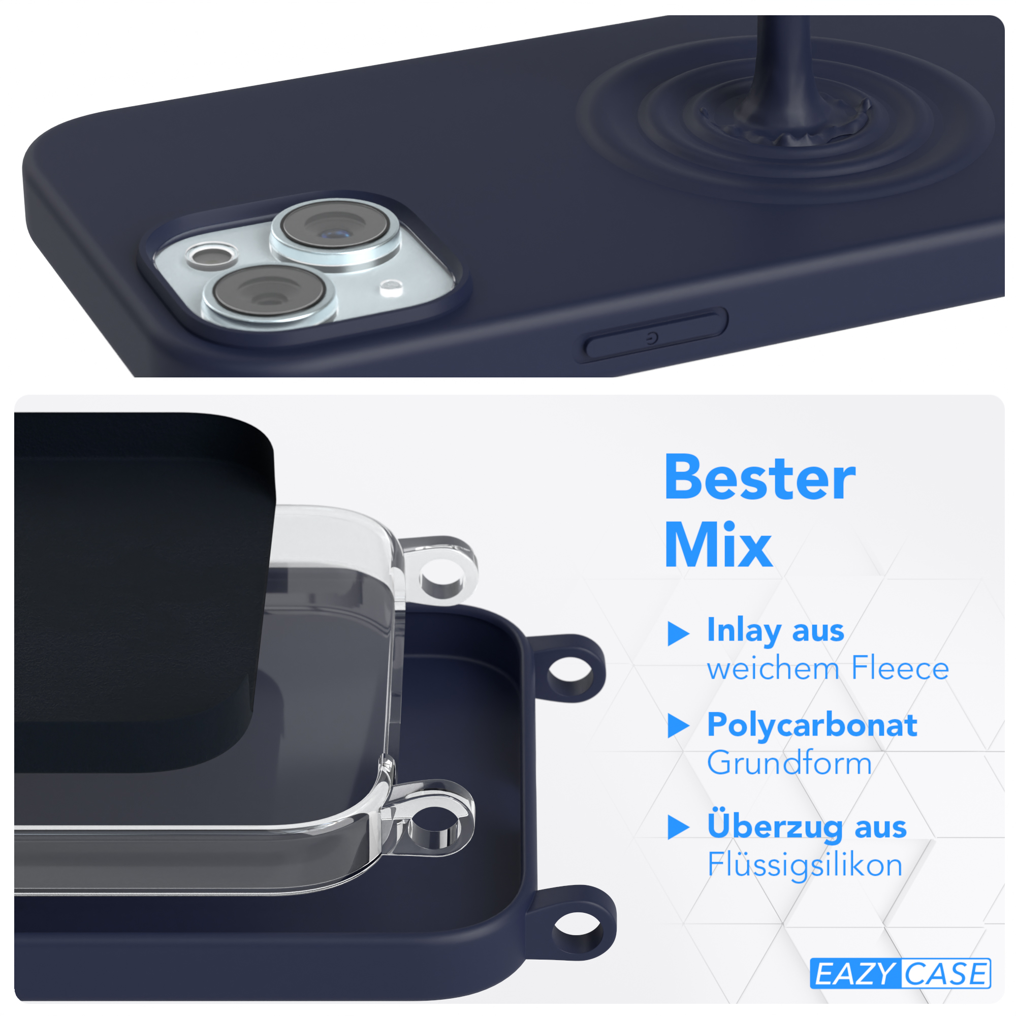 EAZY CASE Handy Kette Dunkel Karabiner / Umhängetasche, mit Apple, Blau 15, Hülle, Premium Silikon iPhone Gold Breit
