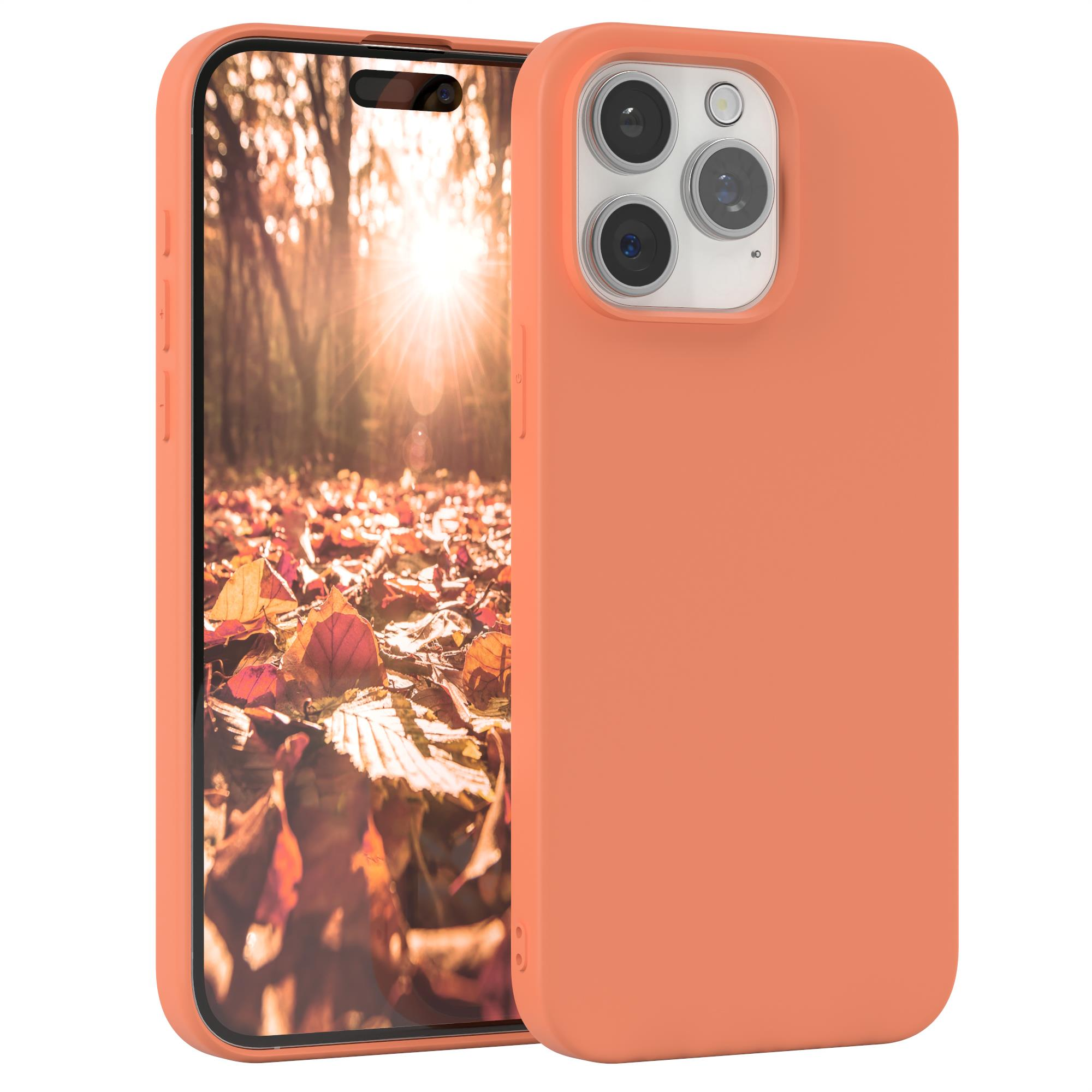 Orangefarbene Handyhülle mit Telefon, das Blätter auf dem Bildschirm zeigt. Weißer Hintergrund.