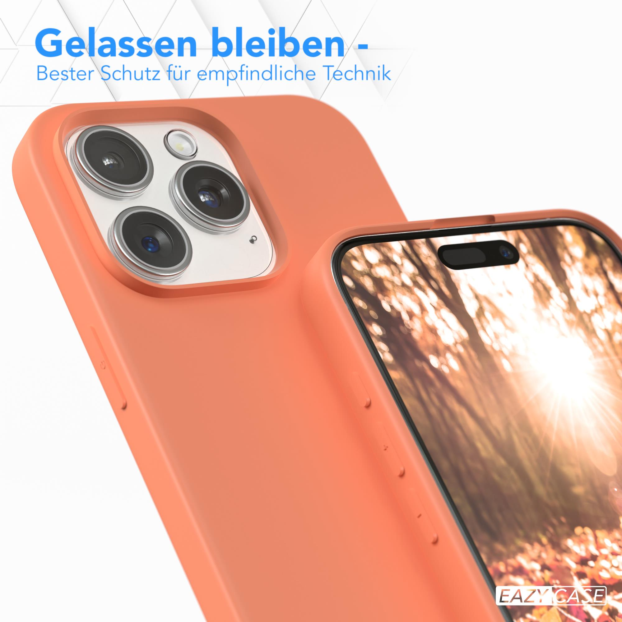 Orangefarbene Handyhülle schützt ein Telefon. Text: Bester Schutz. Nahaufnahme. Weißer Hintergrund.