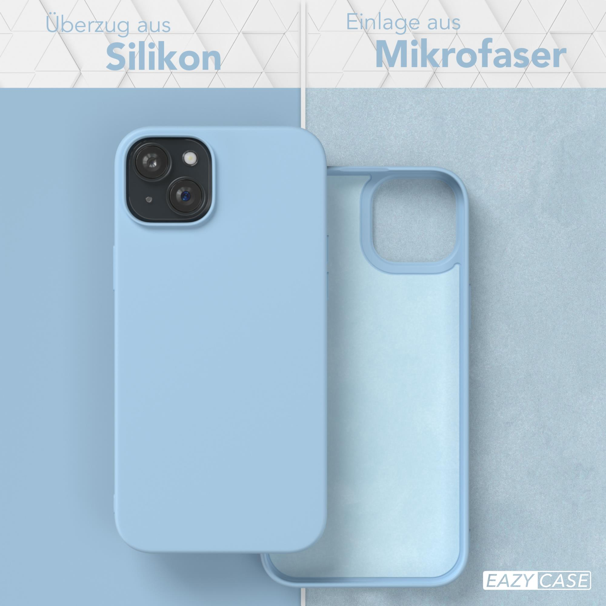 Hellblaue Handyhülle mit Innenteil. Der Text lautet: Silikon und Mikrofaser.