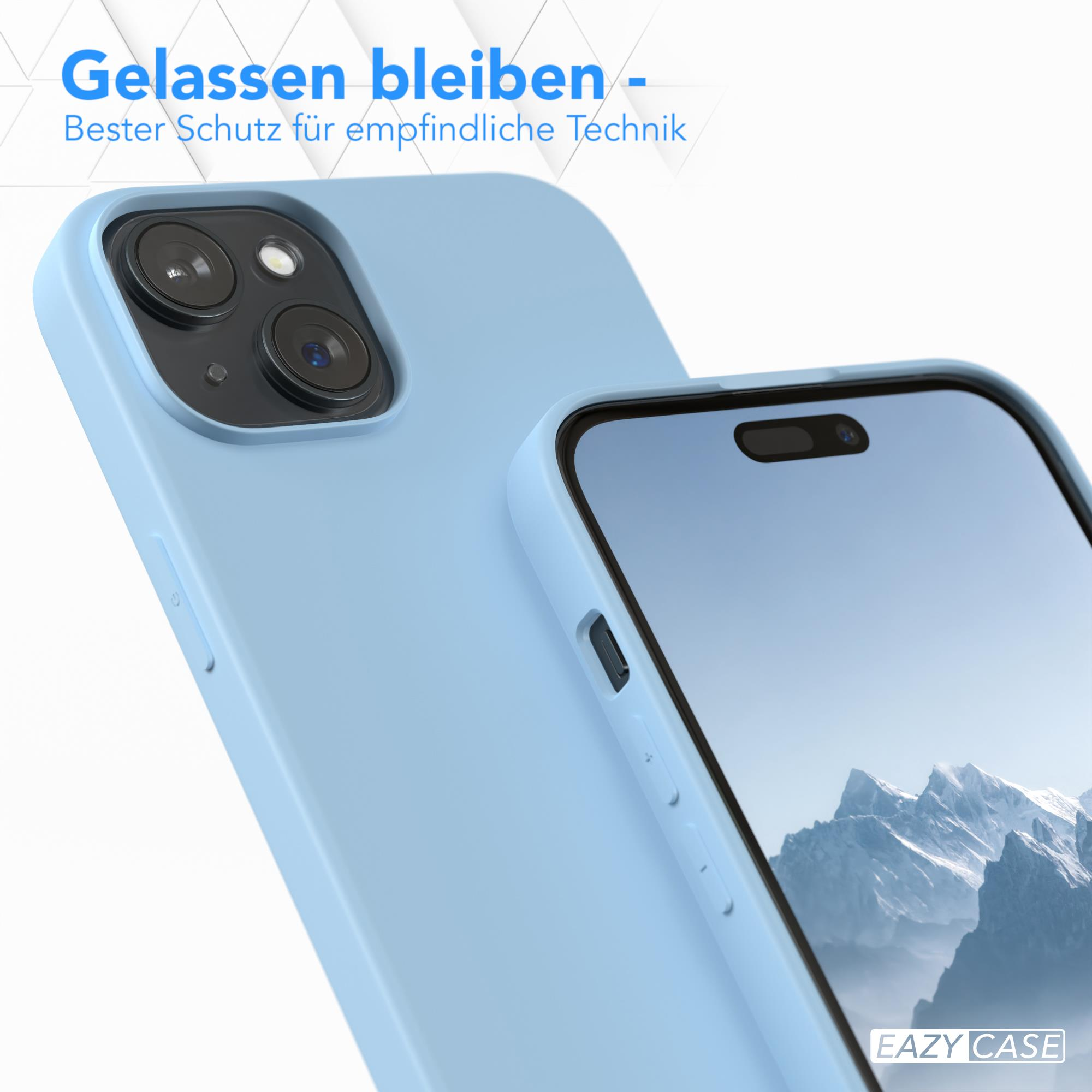 Hellblaue Handyhülle auf dem Telefon. Die Handyhülle ist offen, mit hellblauem Hintergrund. Die Handyhülle hat zwei Kameras.