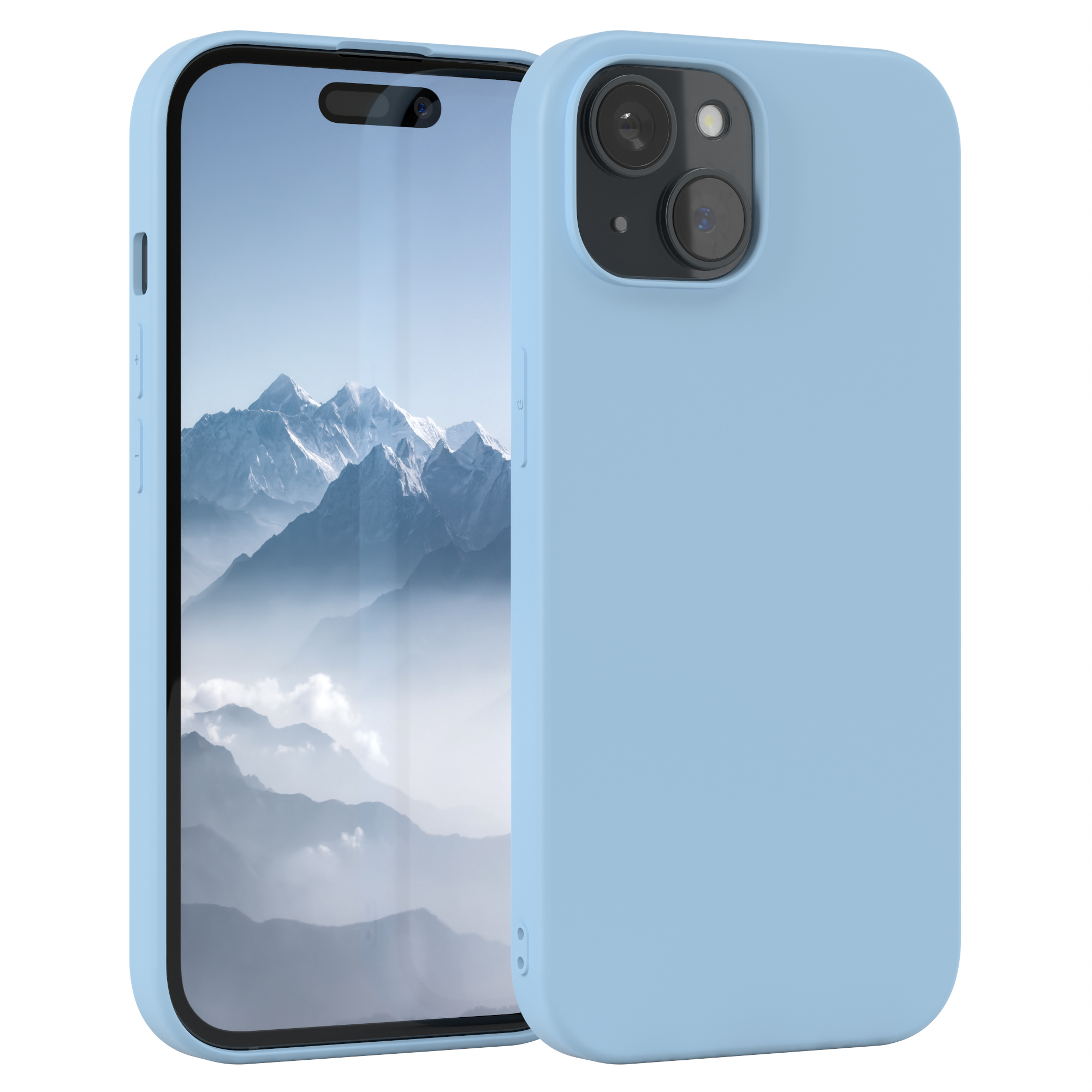Ein hellblaues Telefon in einer Hülle steht neben einem Telefon. Die Bildschirme zeigen eine neblige Landschaft.