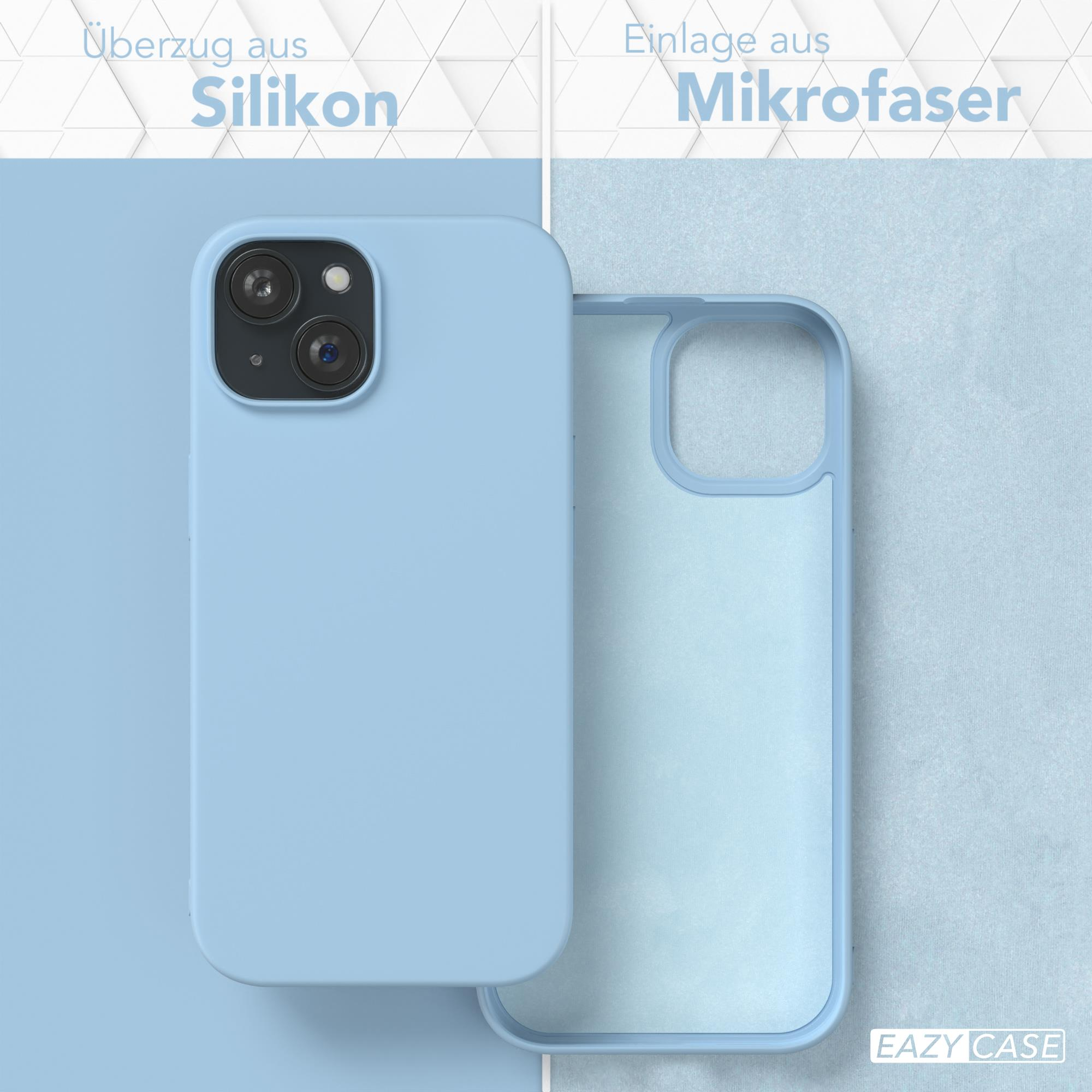 Eine blaue Handyhülle mit einem Telefon darin. Die Handyhülle besteht aus Silikon und Mikrofaser.