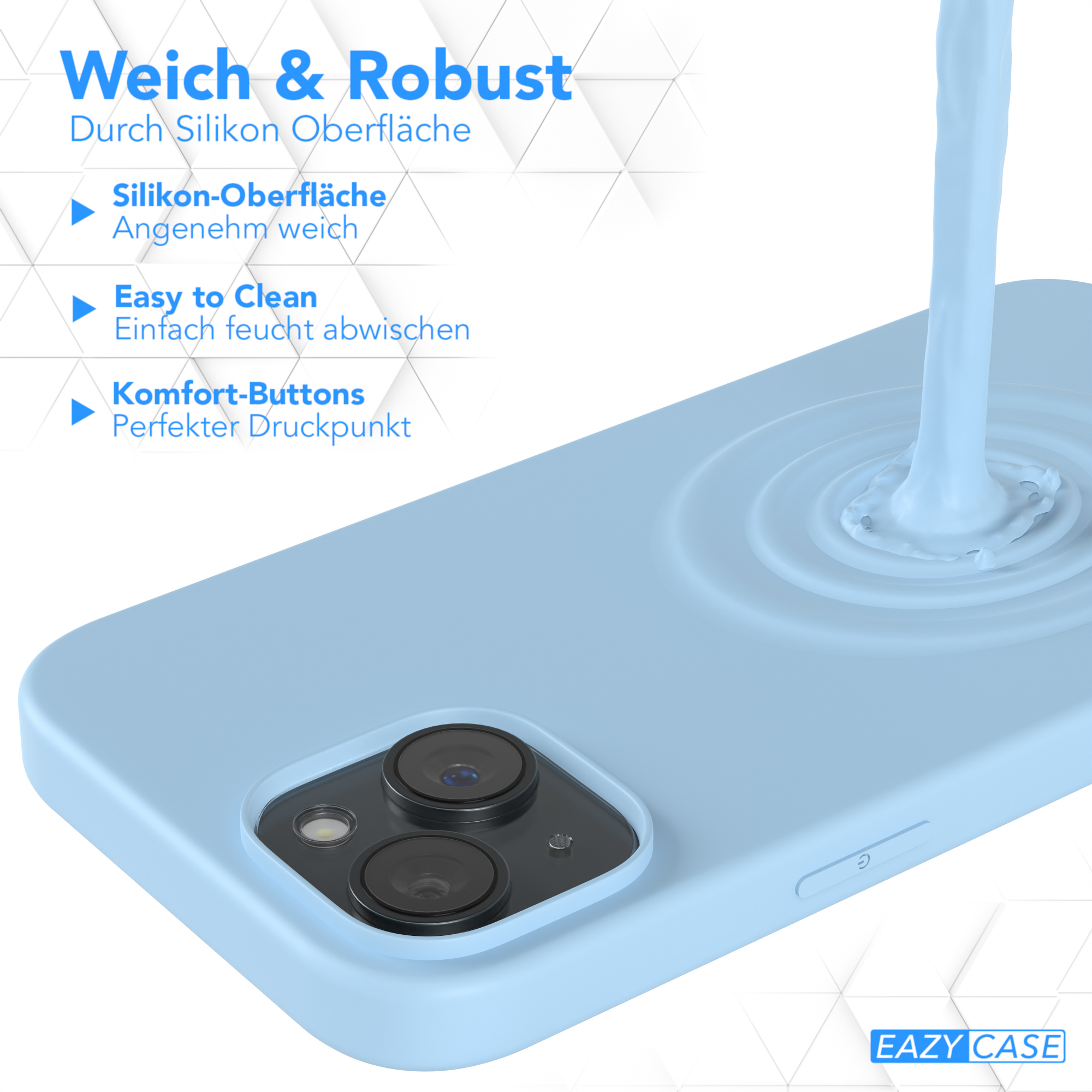 Blaue Handyhülle mit hellblauer Oberfläche. Text auf Deutsch sichtbar. EAZY CASE Logo. Weißer Hintergrund.