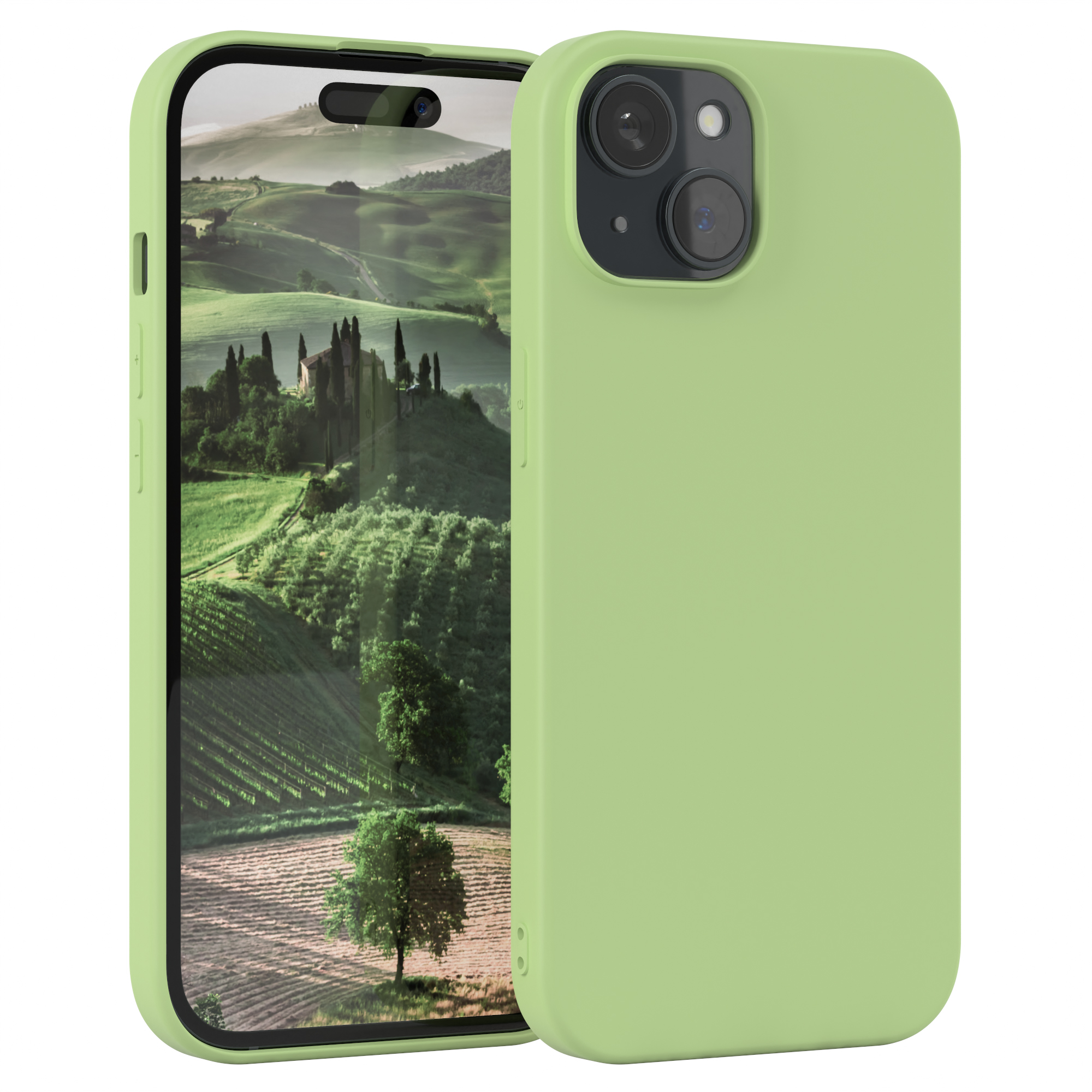 Ein Telefon mit einer hellgrünen Hülle. Telefon rechts. Hintergrund zeigt eine Landschaft mit Bäumen und Feldern.