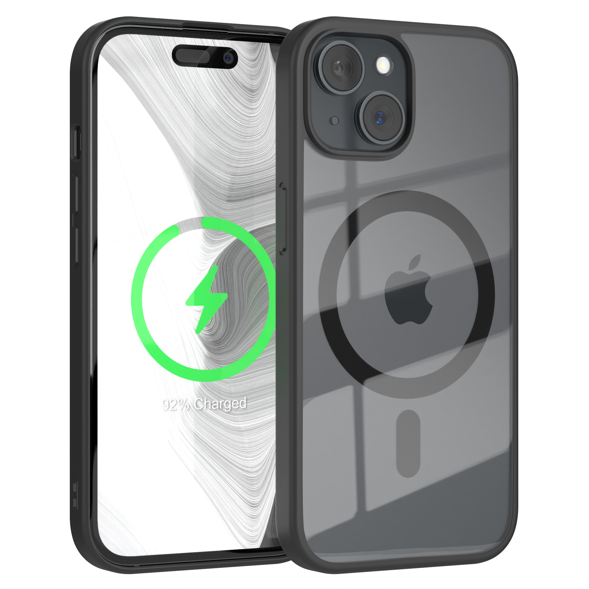 Schwarze Handyhülle mit Telefon, der Bildschirm zeigt Apple-Logo und Ladestatus.