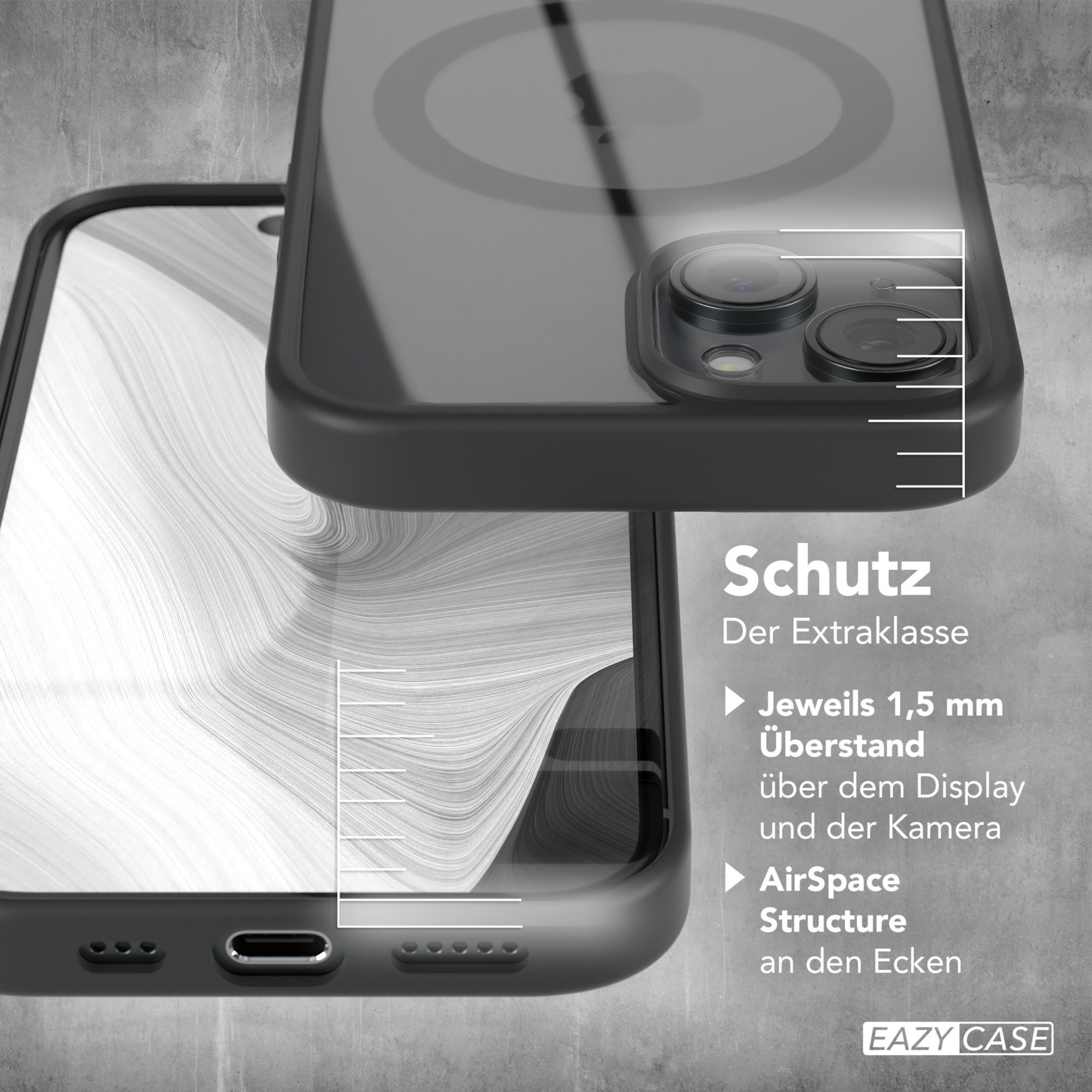 Eine Handyhülle mit durchsichtigem Rücken und schwarzen Rändern. Sie zeigt das Telefon darin, Kamera und Ränder sichtbar.