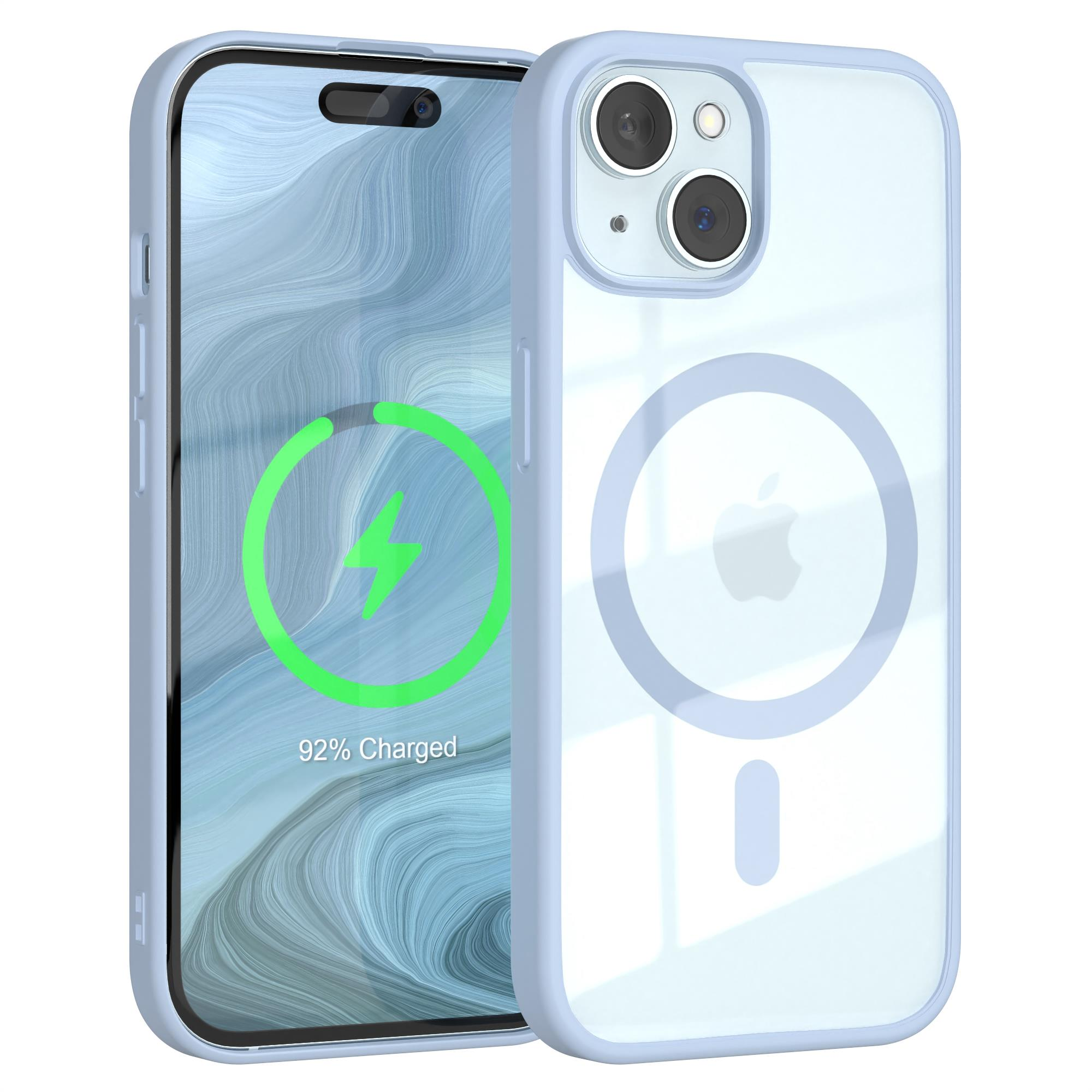 Blaues Telefon mit hellblauer Hülle, das einen Ladebildschirm zeigt.