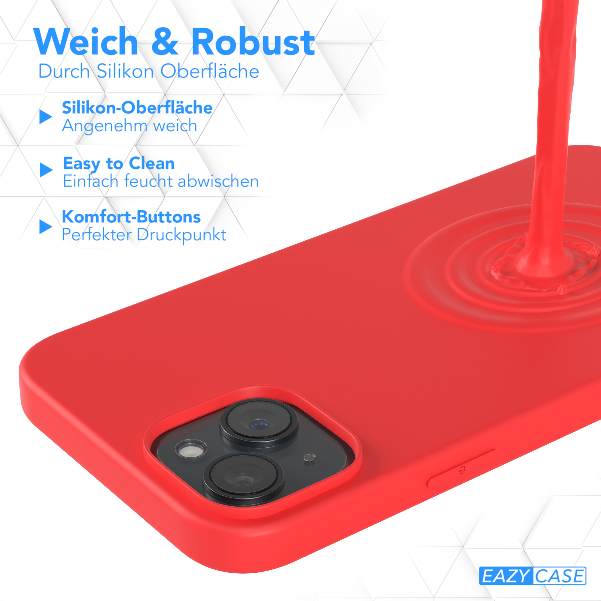 Eine rote Handyhülle mit drei Kameras und einem kabellosen Ladegerät. Rote Oberfläche und blauer Hintergrund.
