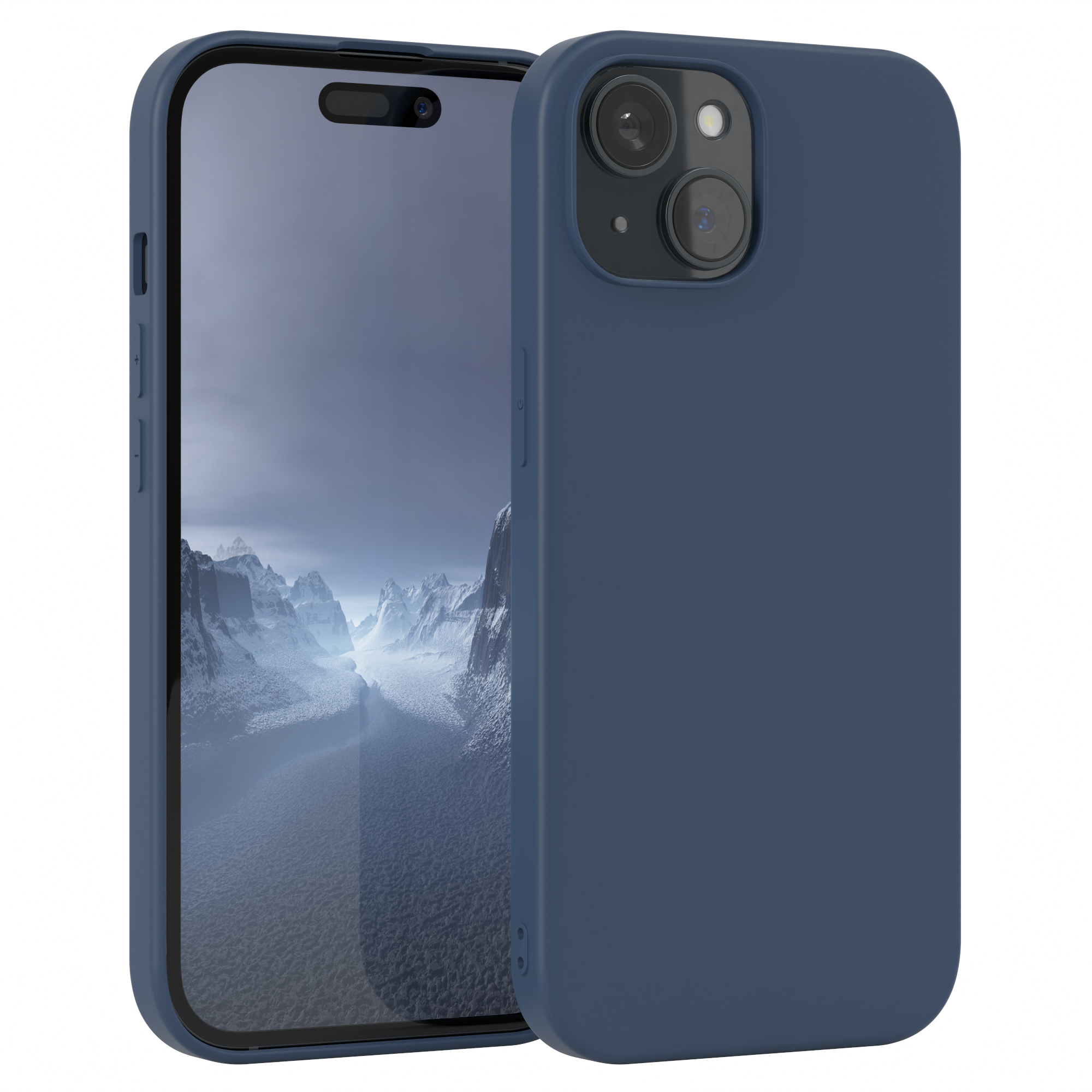 Blaue Handyhülle auf einem Handy. Das Handy zeigt einen Berg Hintergrund.