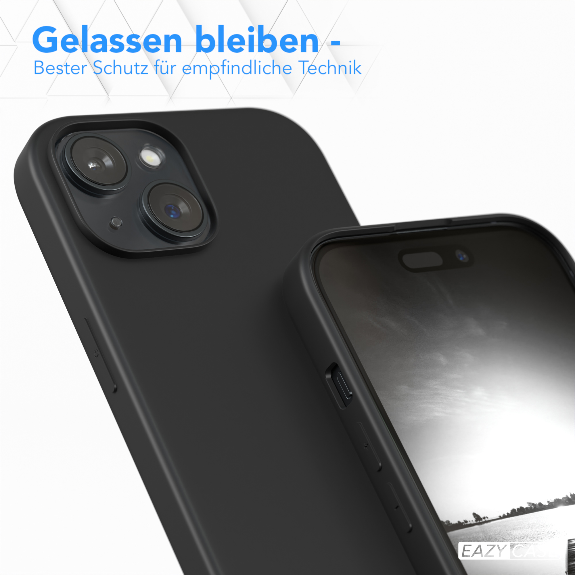 Schwarze Handyhülle auf einem Telefon. Der Bildschirm ist eingeschaltet. Text: Gelassen bleiben.