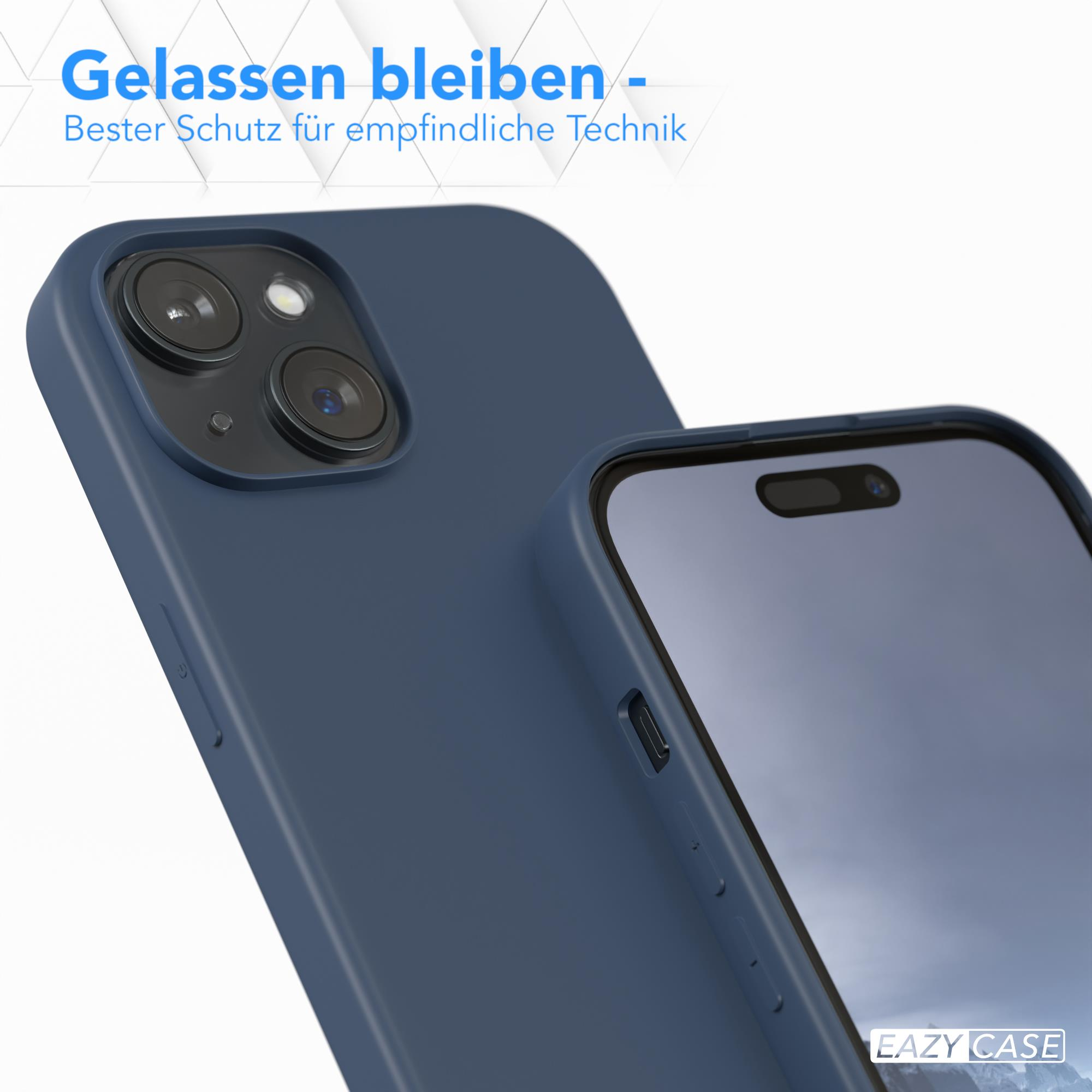 Ein blaues Telefon neben einer Handyhülle. Die Hülle hat ein blaues Äußeres und ein schwarzes Inneres.