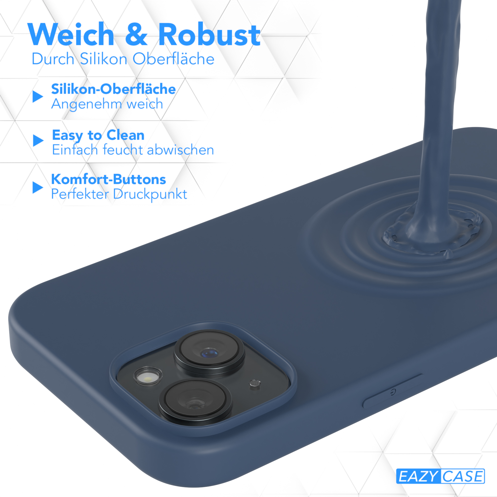 Blaue Handyhülle mit geschwungenem Design, Wassertropfen und Silikonoberfläche.
