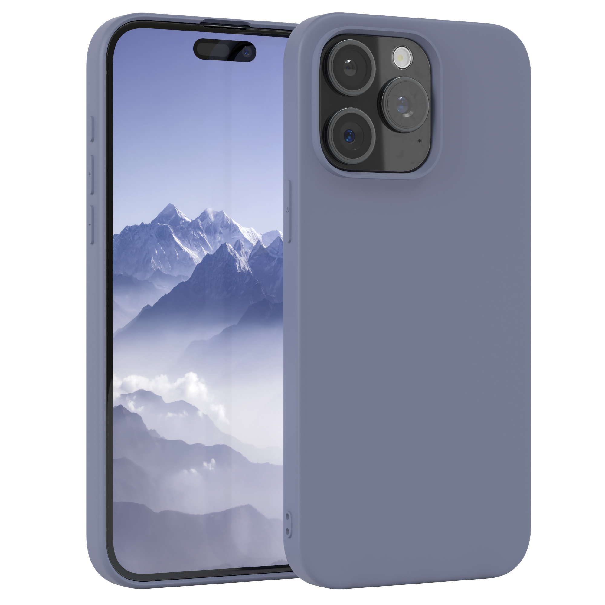 Blaues Telefon in blauer Hülle. Weißer Hintergrund.