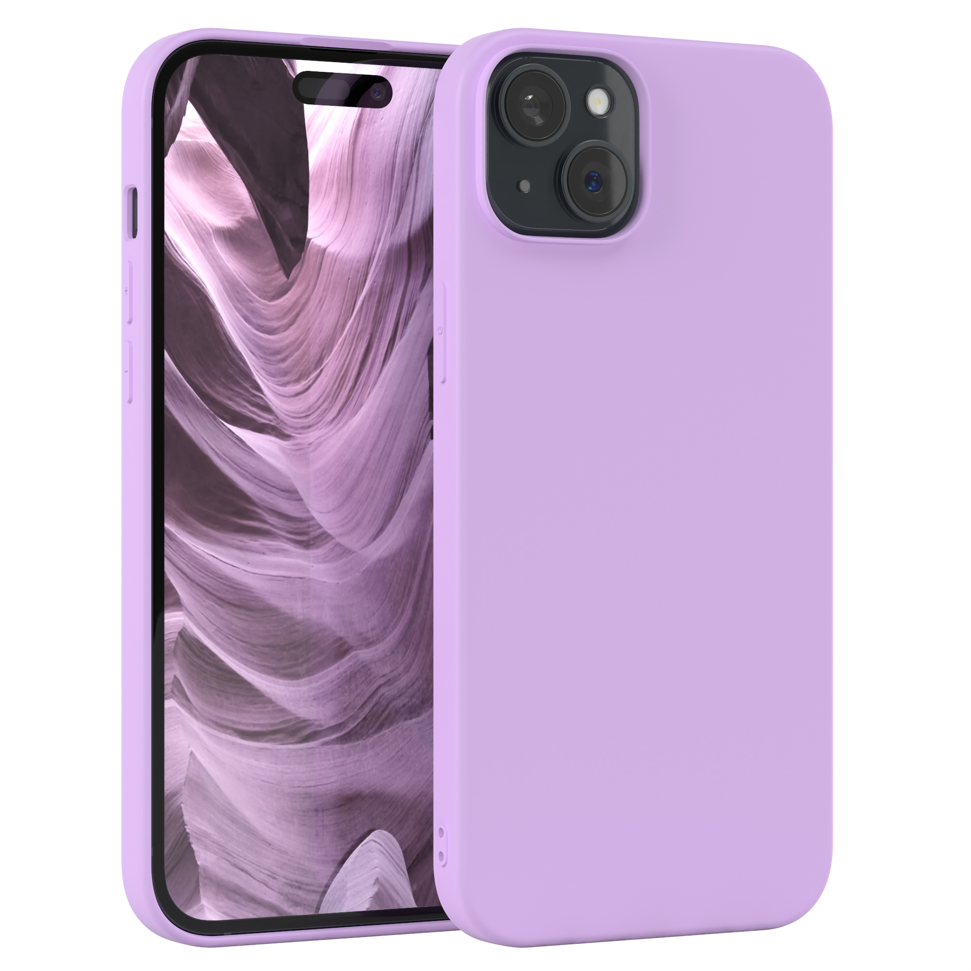 Lilafarbene Handyhülle mit Telefon, Rückseite sichtbar, mit Kamera.