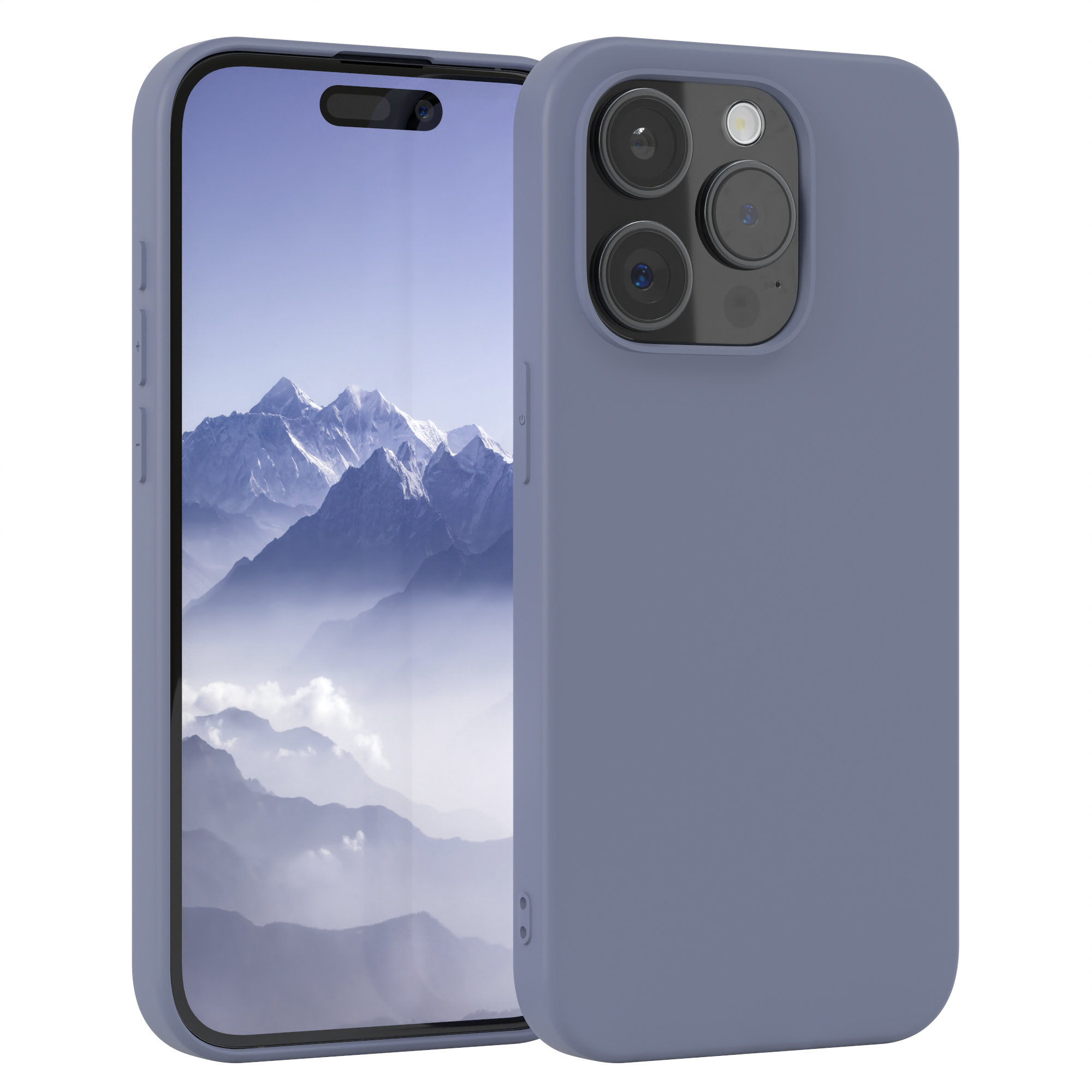 Lila Telefon mit Hülle und Bildschirm. Zwei weitere Kameras auf der Rückseite.