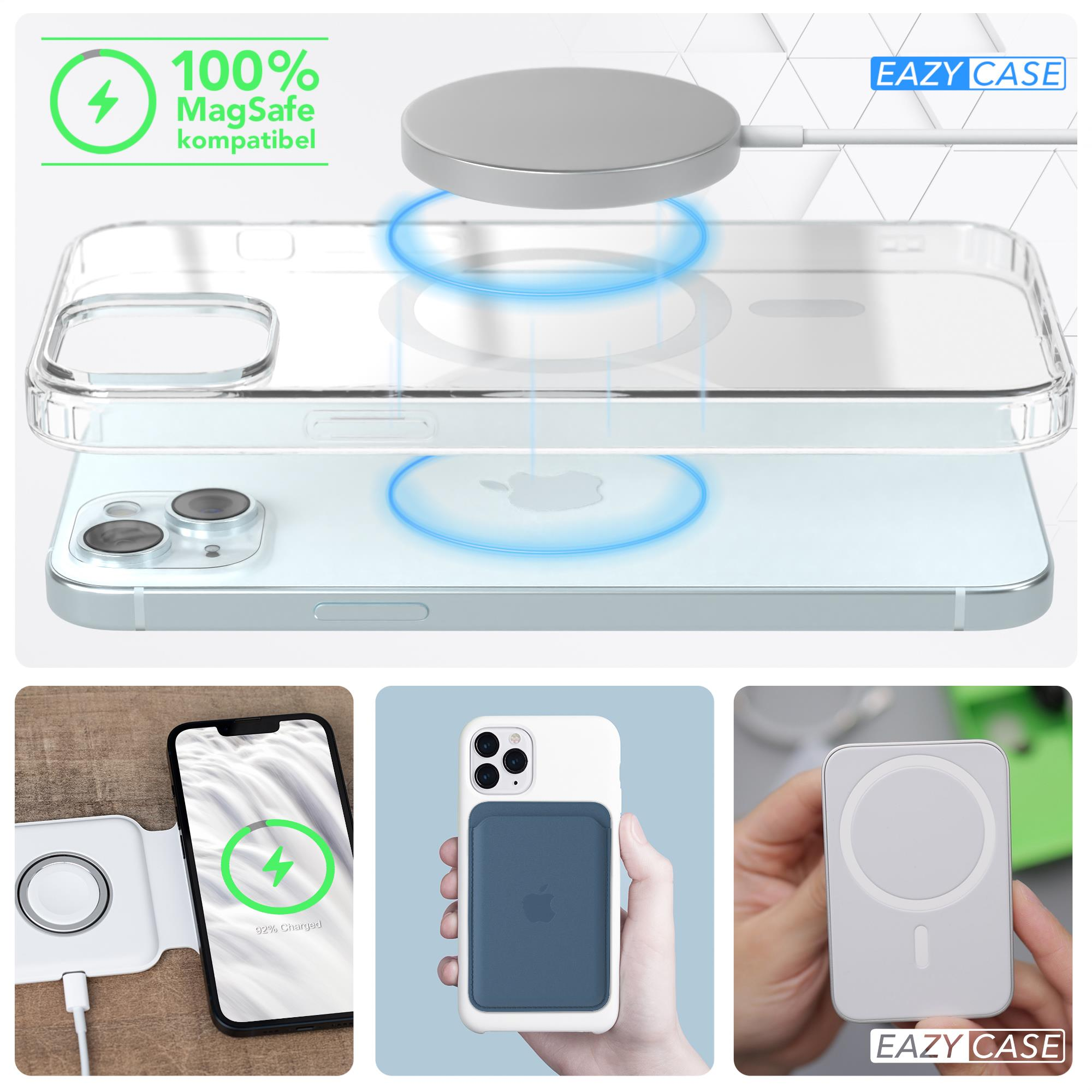 Ein Telefon mit Hülle, einem Ladepad und einem Ladecase. Die Hülle ist MagSafe-kompatibel.