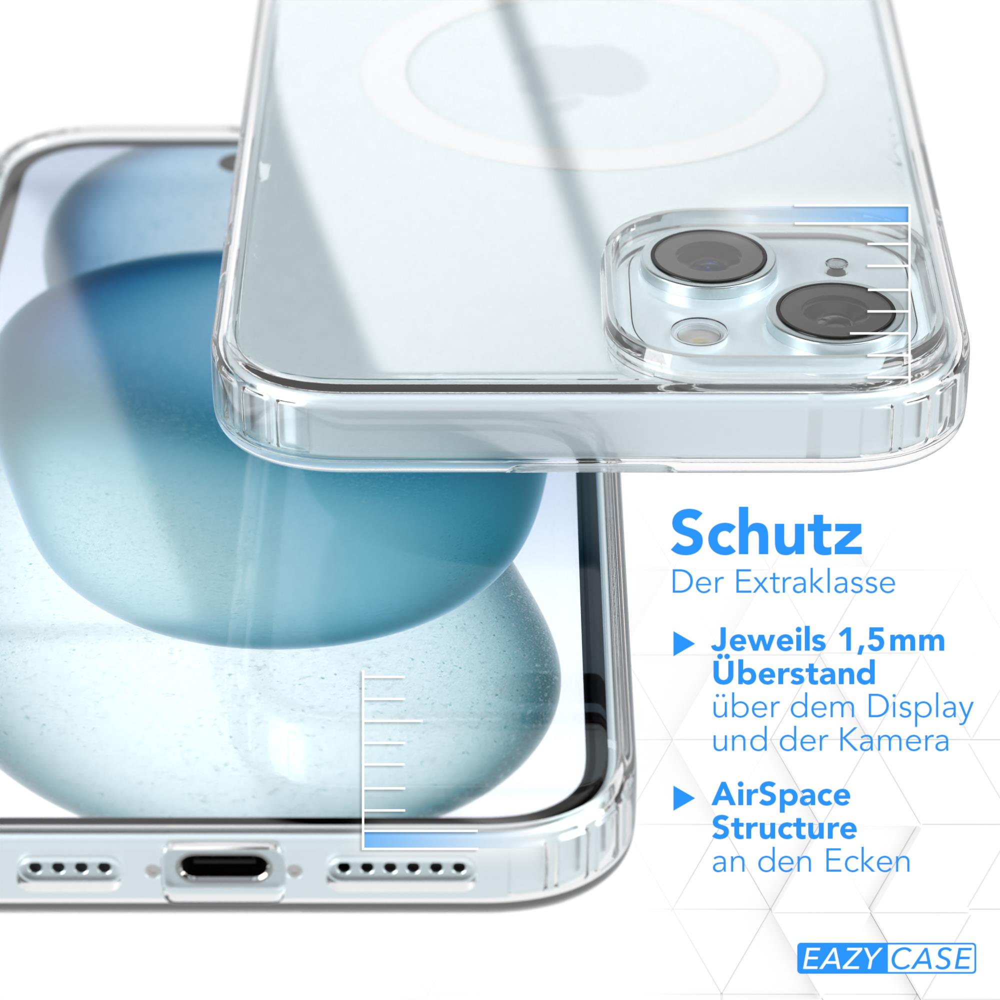 Transparente Handyhülle auf weißem Grund, zeigt Schutzfunktionen und ein Handy.