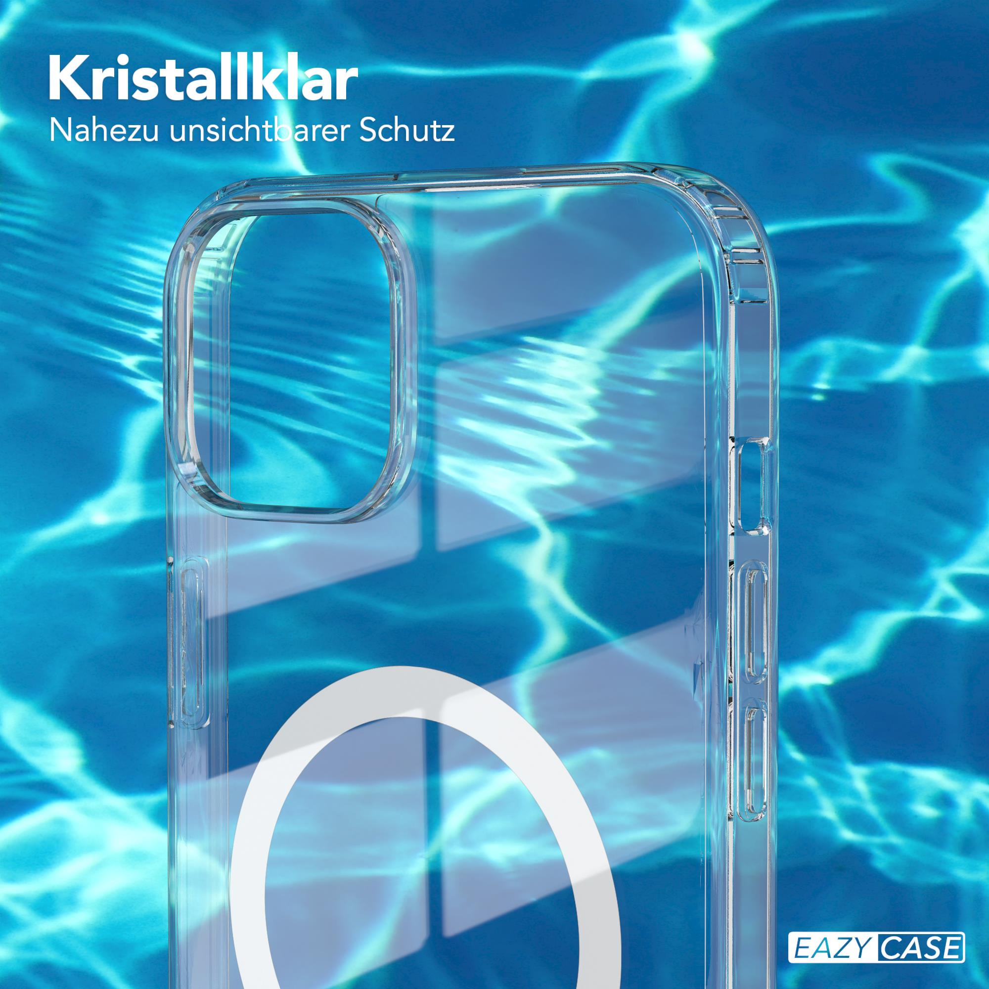 Eine transparente Handyhülle mit einem weißen Kreis auf blauem Wasser. Text: Kristallklar.