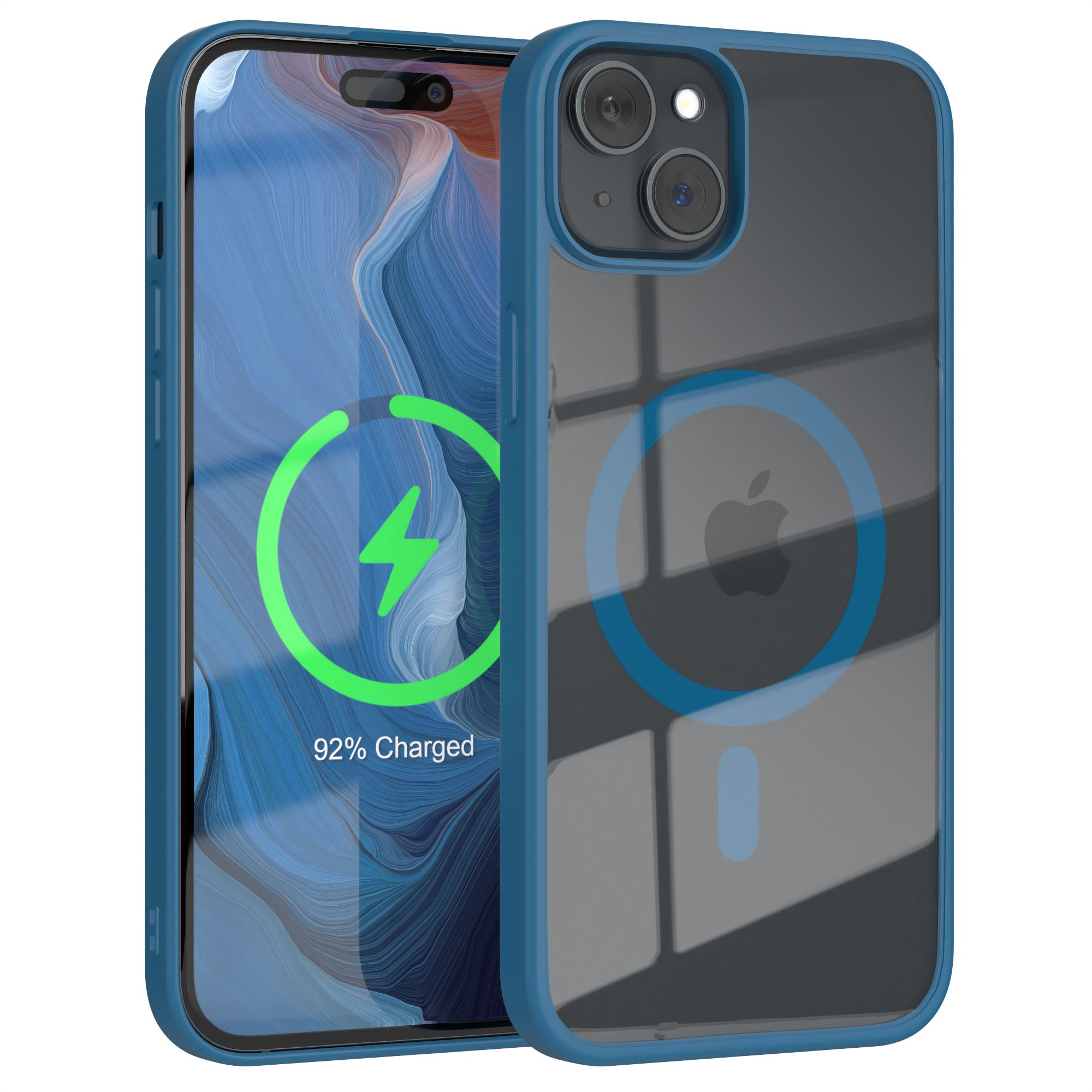 Ein Smartphone in einer blau-transparenten Hülle. Der Bildschirm zeigt ein Ladesymbol. Vor weißem Grund.