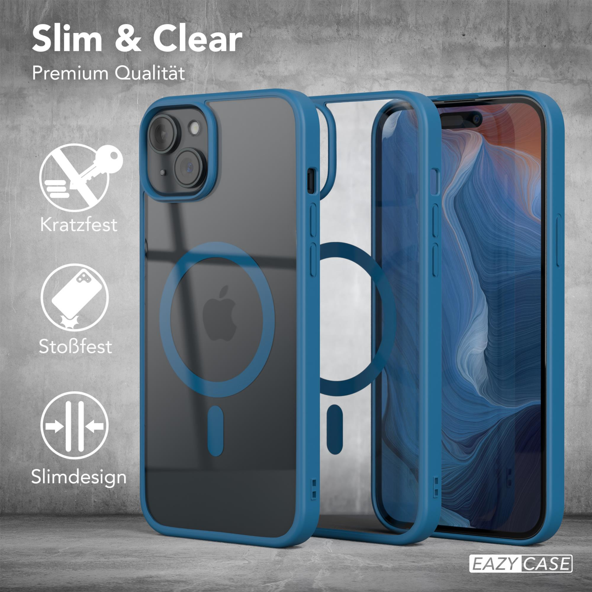 Klare und blaue Handyhüllen mit einem Telefon darin. Text: Slim & Clear, Kratzfest, Stoßfest, Slimdesign.