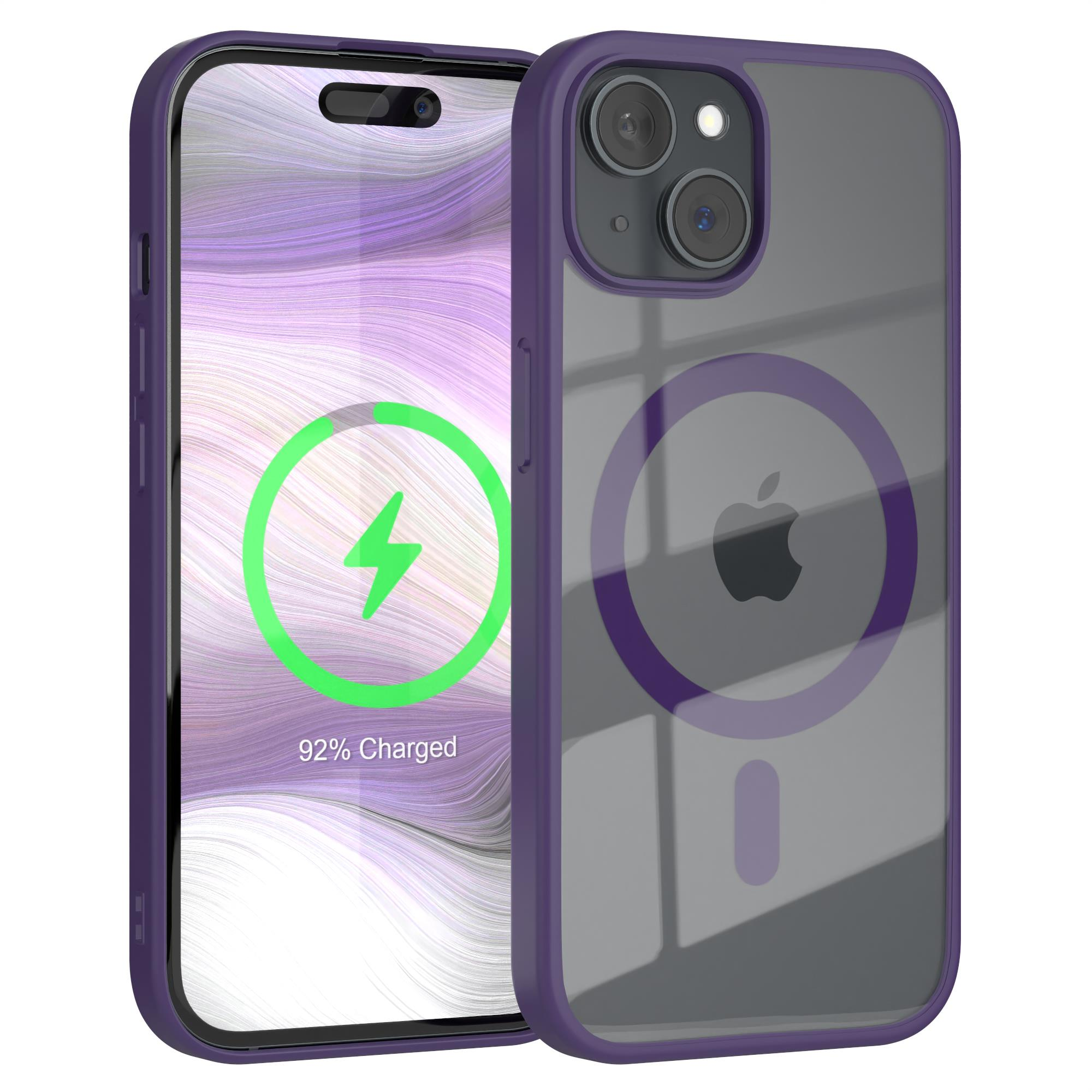 Lila iPhone mit Ladesymbol auf dem Bildschirm, in einer transparenten Hülle.