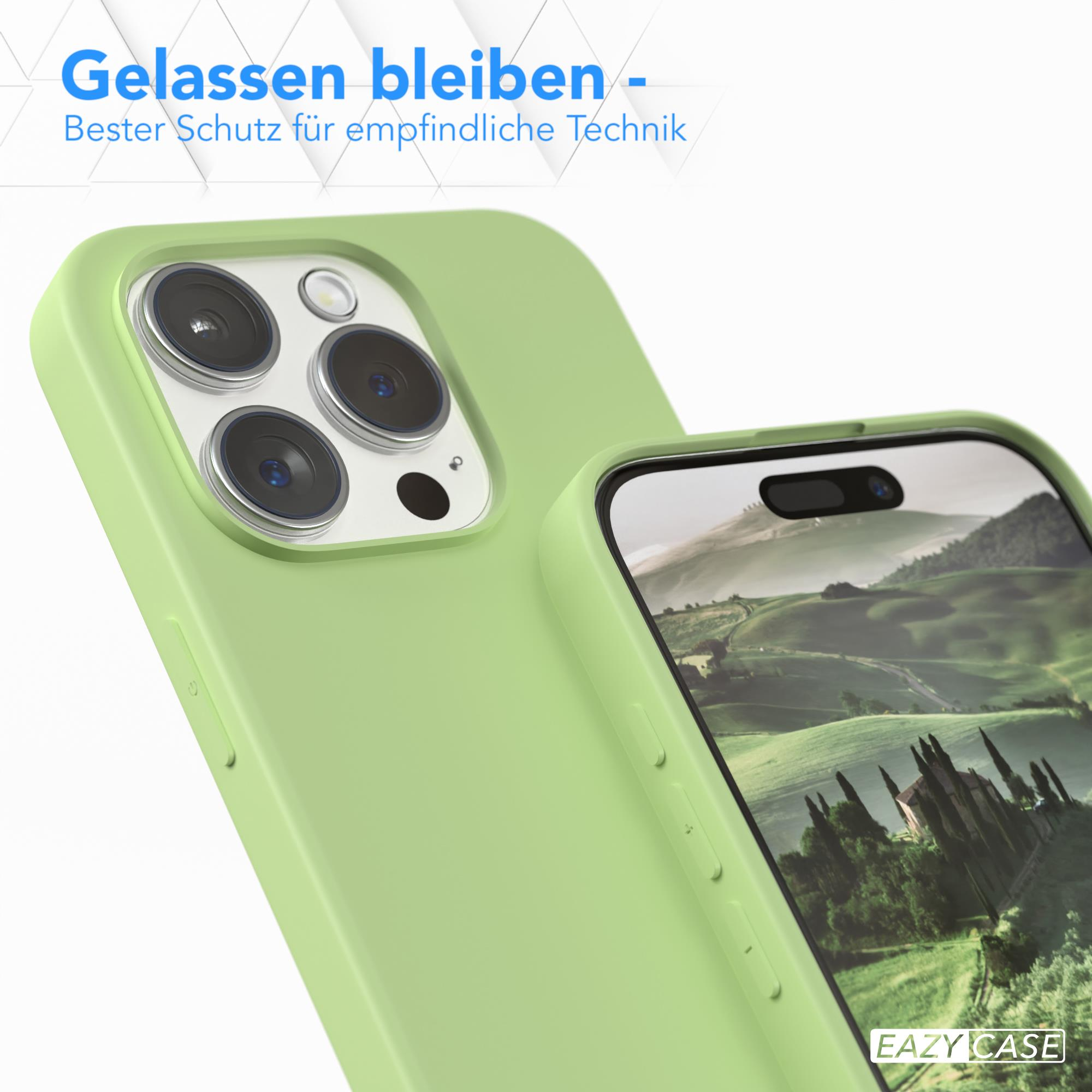 Eine grüne Handyhülle auf einem Telefon mit Kamera-Ausbuchtung. Die Hülle schützt das Telefon. Text: Gelassen bleiben.