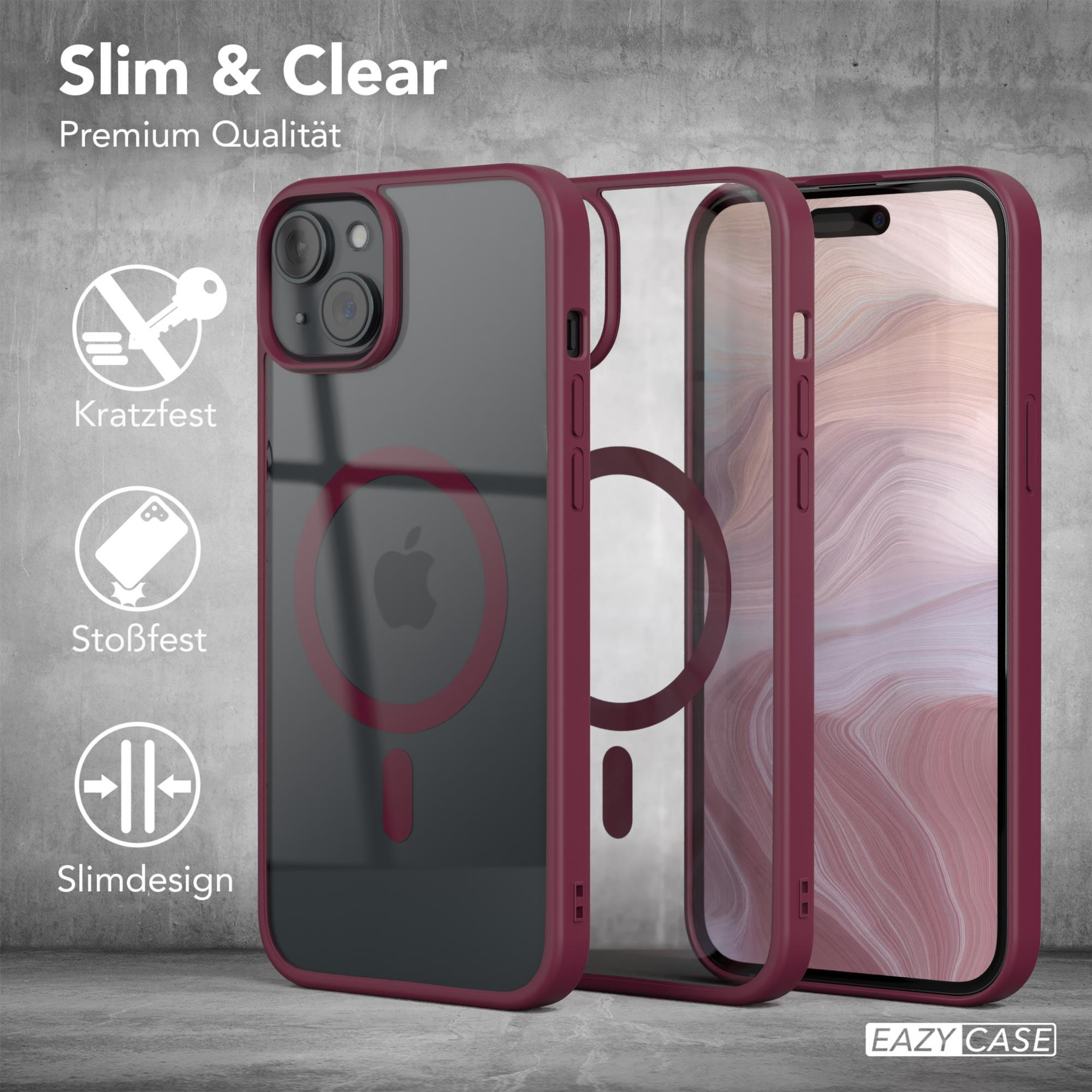 Drei Handyhüllen mit einem Telefon darin. Text oben: Slim & Clear, Premium Qualität. EAZY CASE Logo.