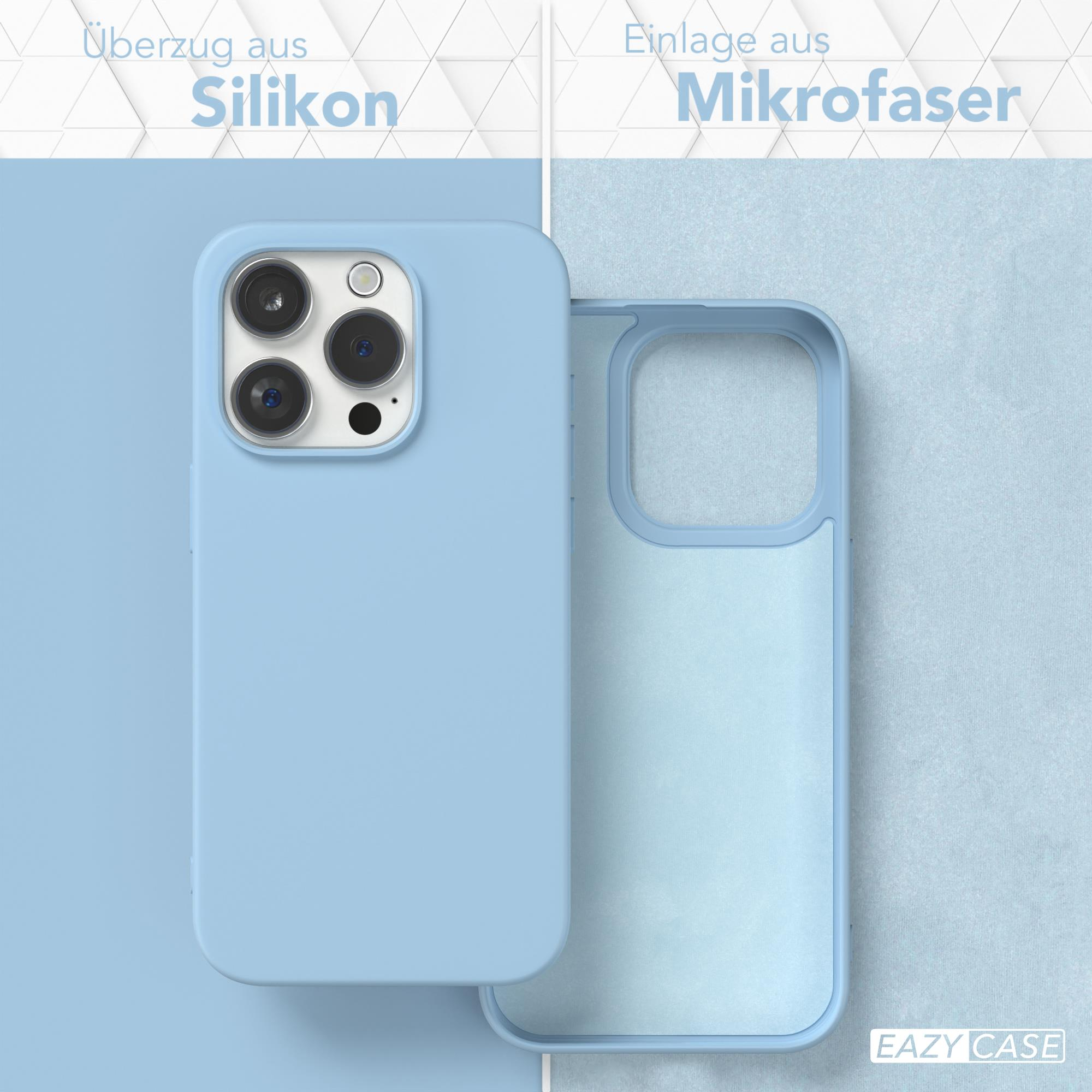 Zwei Handyhüllen. Eine ist blau, eine ist geöffnet. Text weist auf Silikon und Mikrofaser hin.