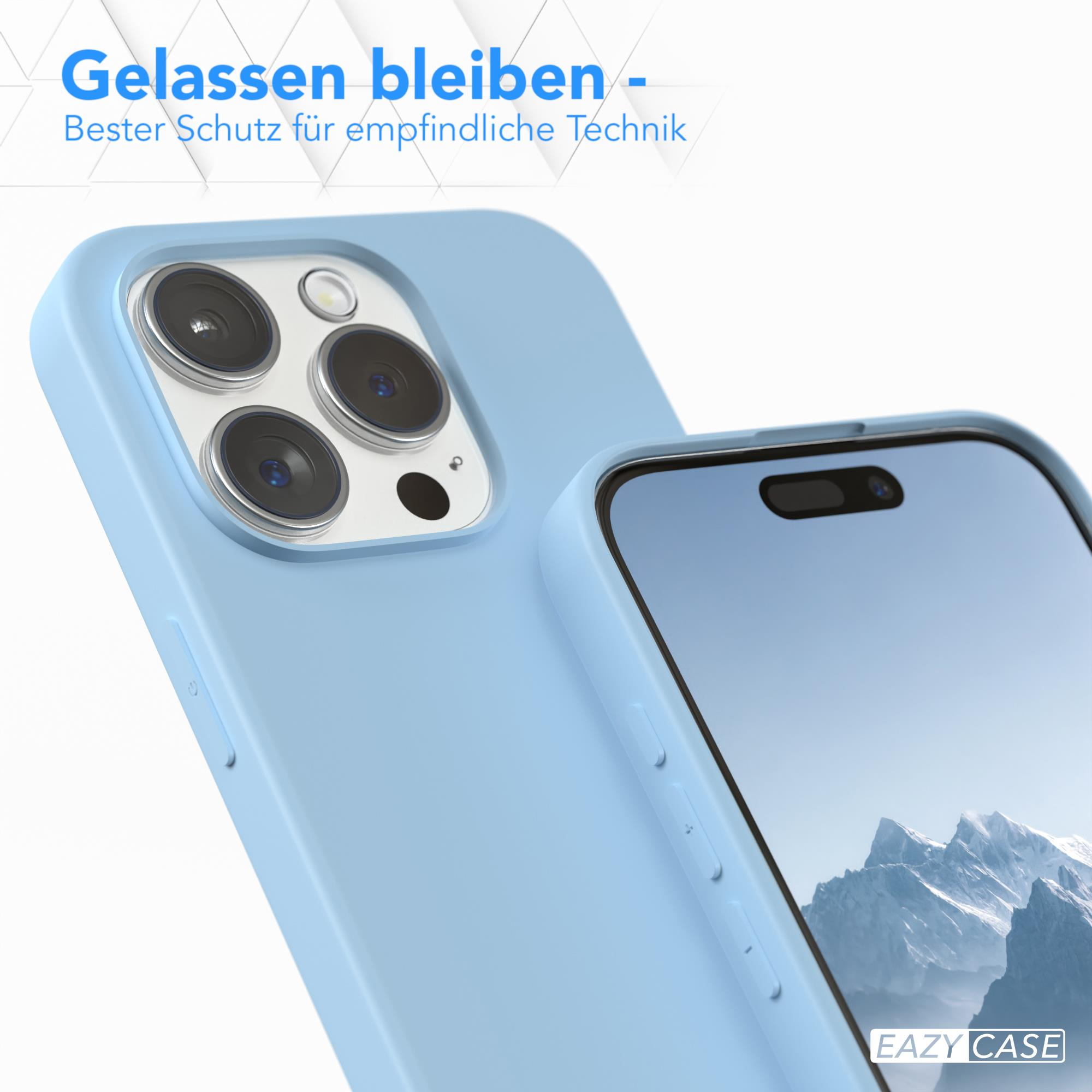 Blaue Handyhülle mit Telefon. Der Telefonbildschirm ist sichtbar und hat einen hellblauen Hintergrund.